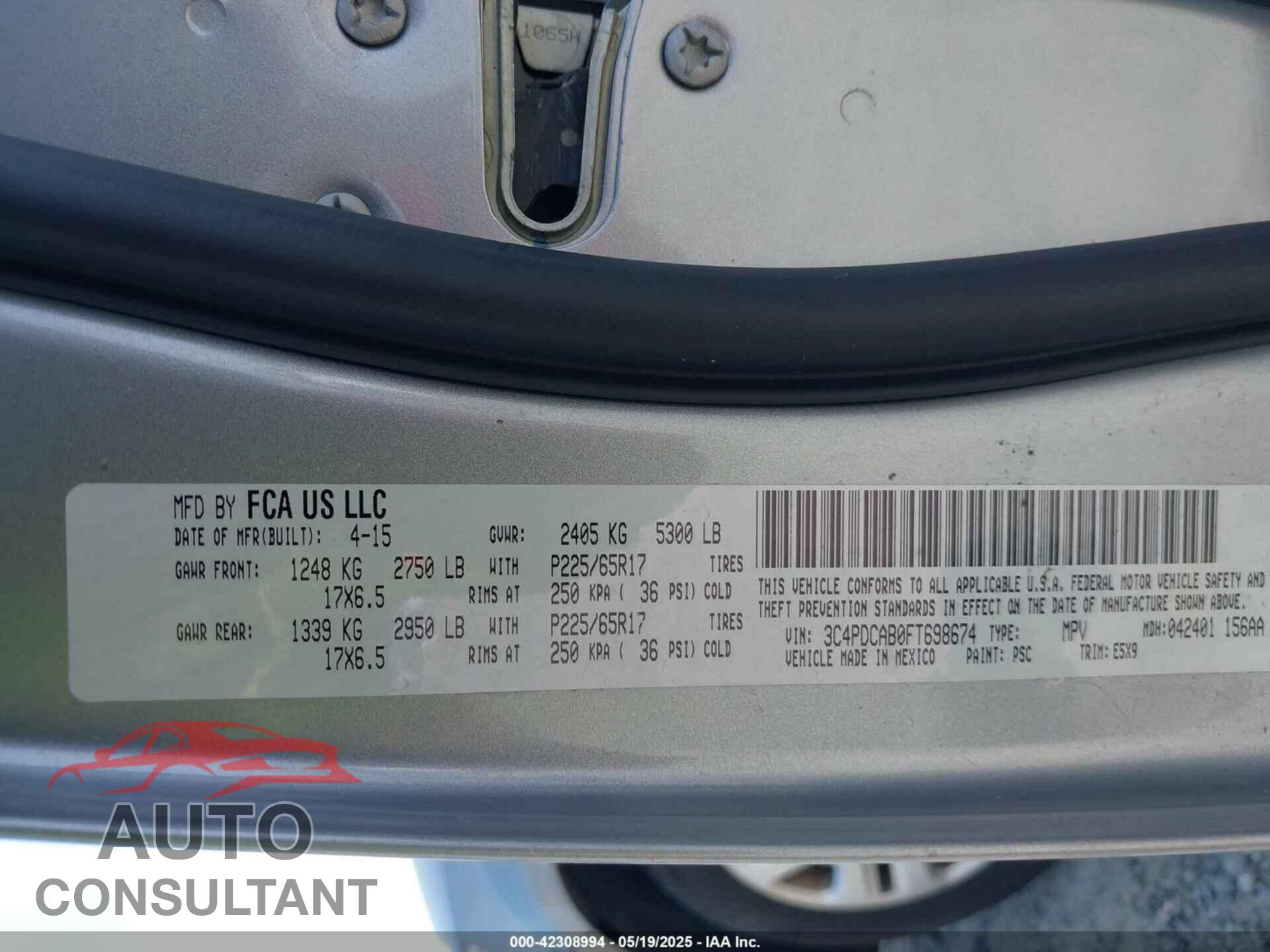 DODGE JOURNEY 2015 - 3C4PDCAB0FT698674