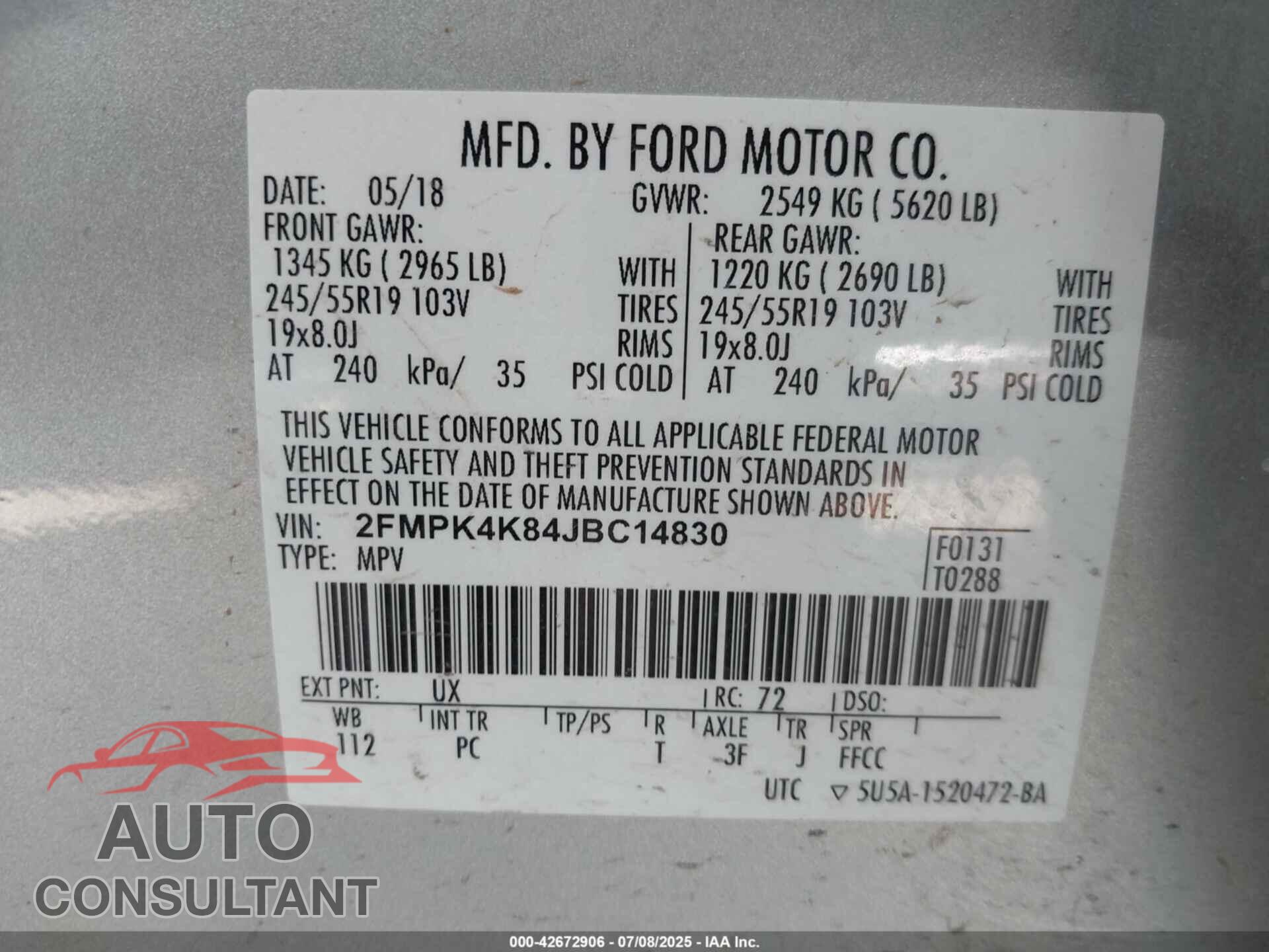 FORD EDGE 2018 - 2FMPK4K84JBC14830