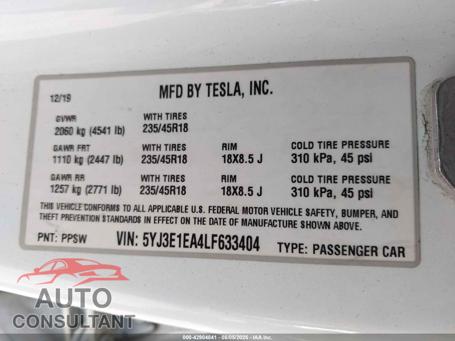 TESLA MODEL 3 2020 - 5YJ3E1EA4LF633404