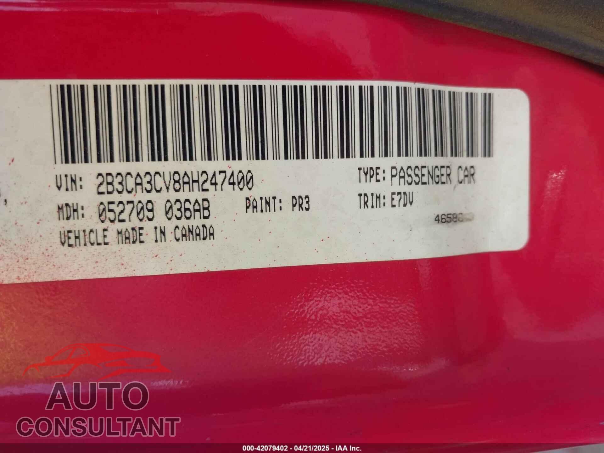 DODGE CHARGER 2010 - 2B3CA3CV8AH247400