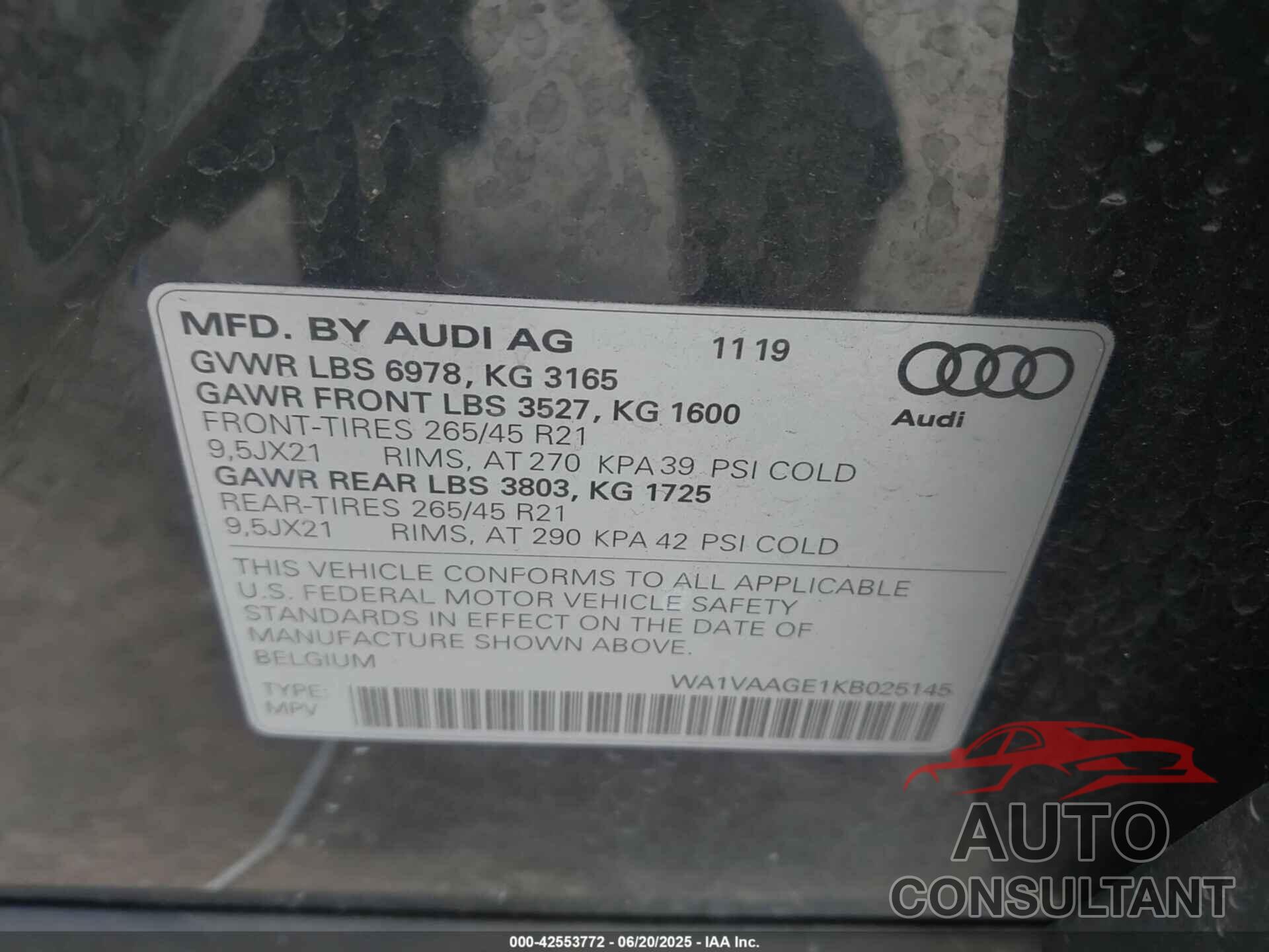 AUDI E-TRON 2019 - WA1VAAGE1KB025145