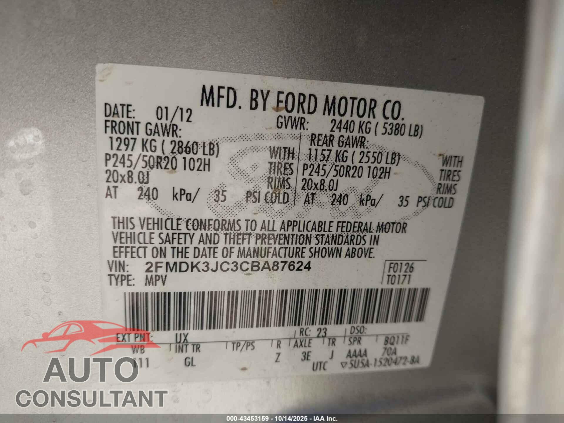 FORD EDGE 2012 - 2FMDK3JC3CBA87624