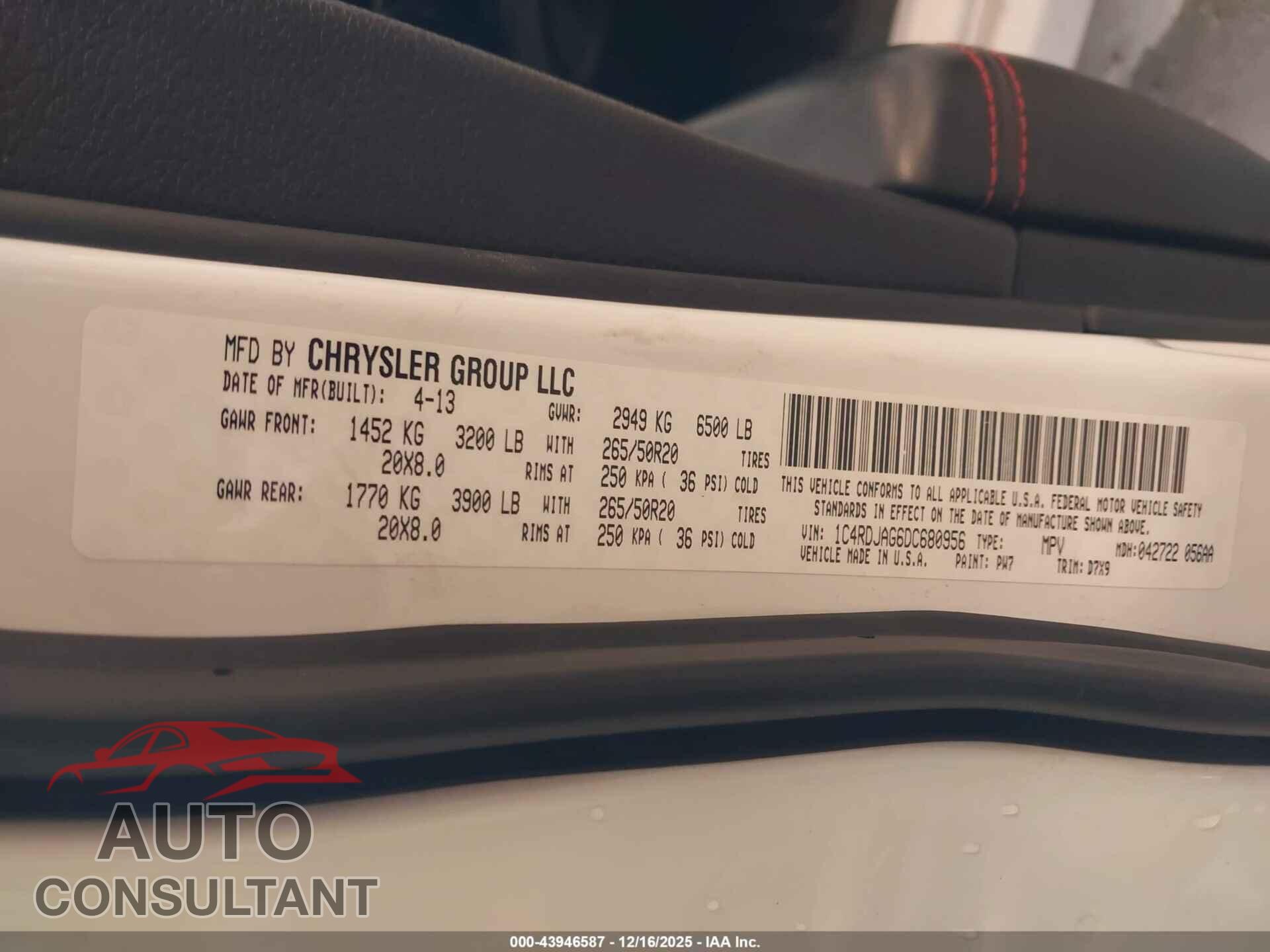 DODGE DURANGO 2013 - 1C4RDJAG6DC680956