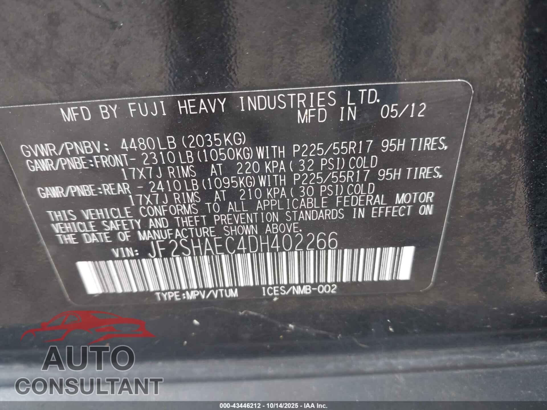 SUBARU FORESTER 2013 - JF2SHAEC4DH402266