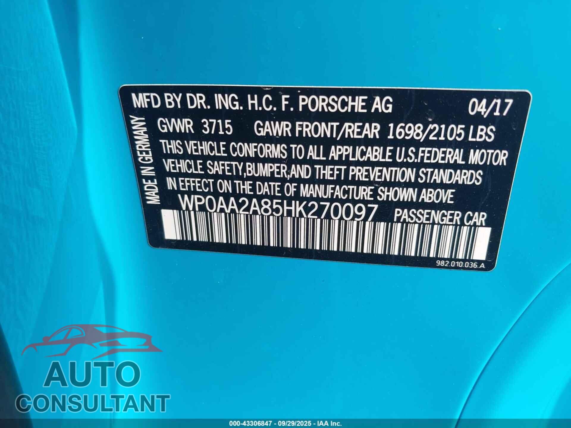 PORSCHE 718 CAYMAN 2017 - WP0AA2A85HK270097