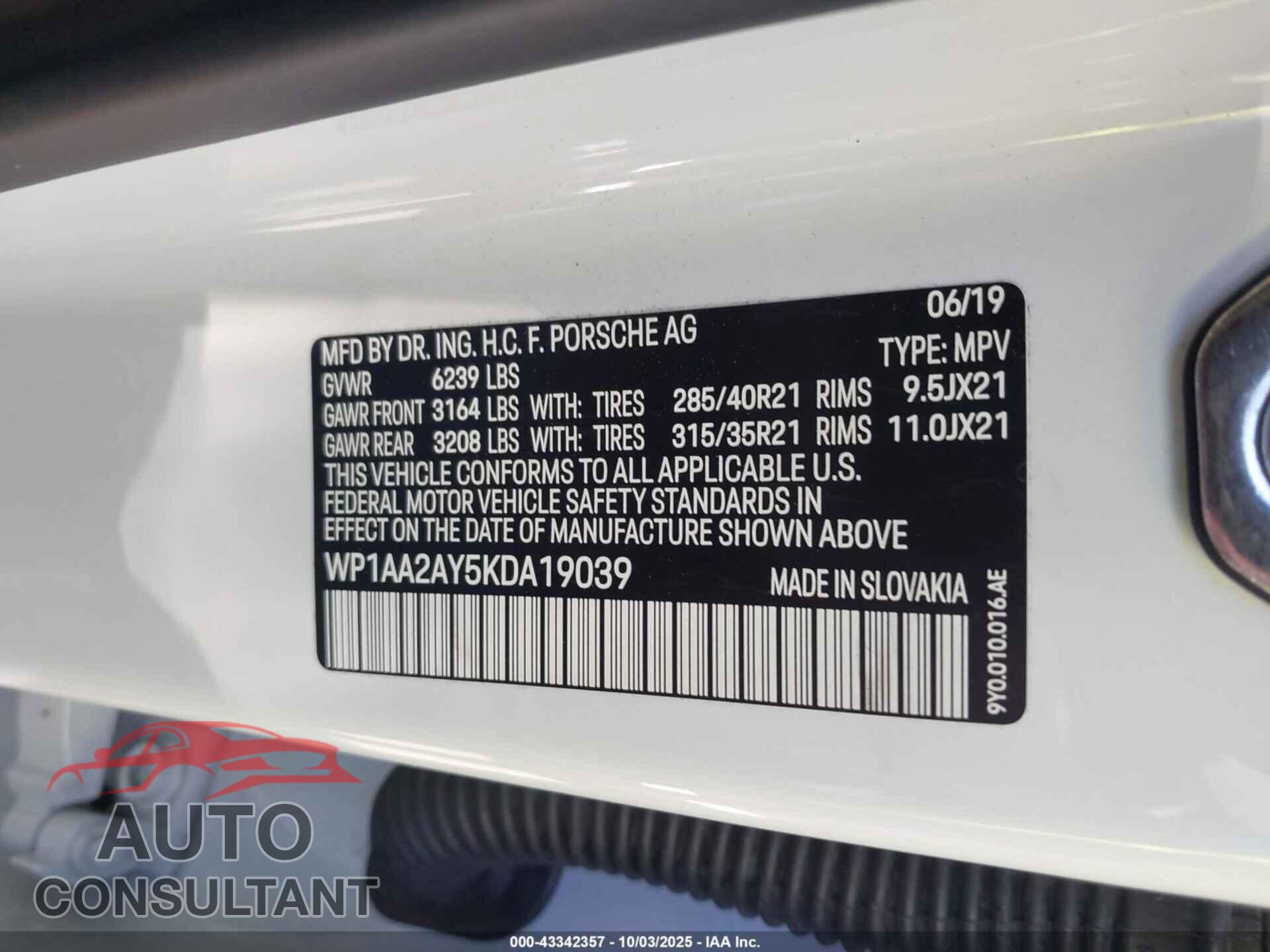 PORSCHE CAYENNE 2019 - WP1AA2AY5KDA19039