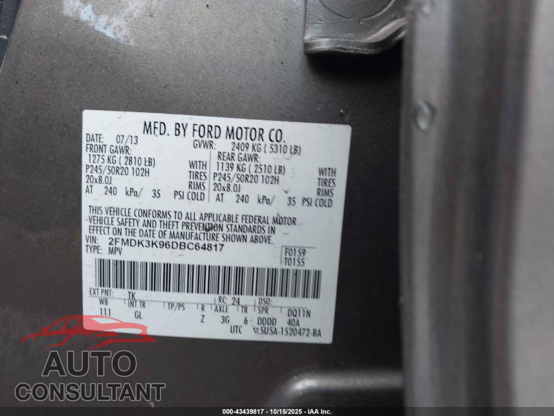 FORD EDGE 2013 - 2FMDK3K96DBC64817