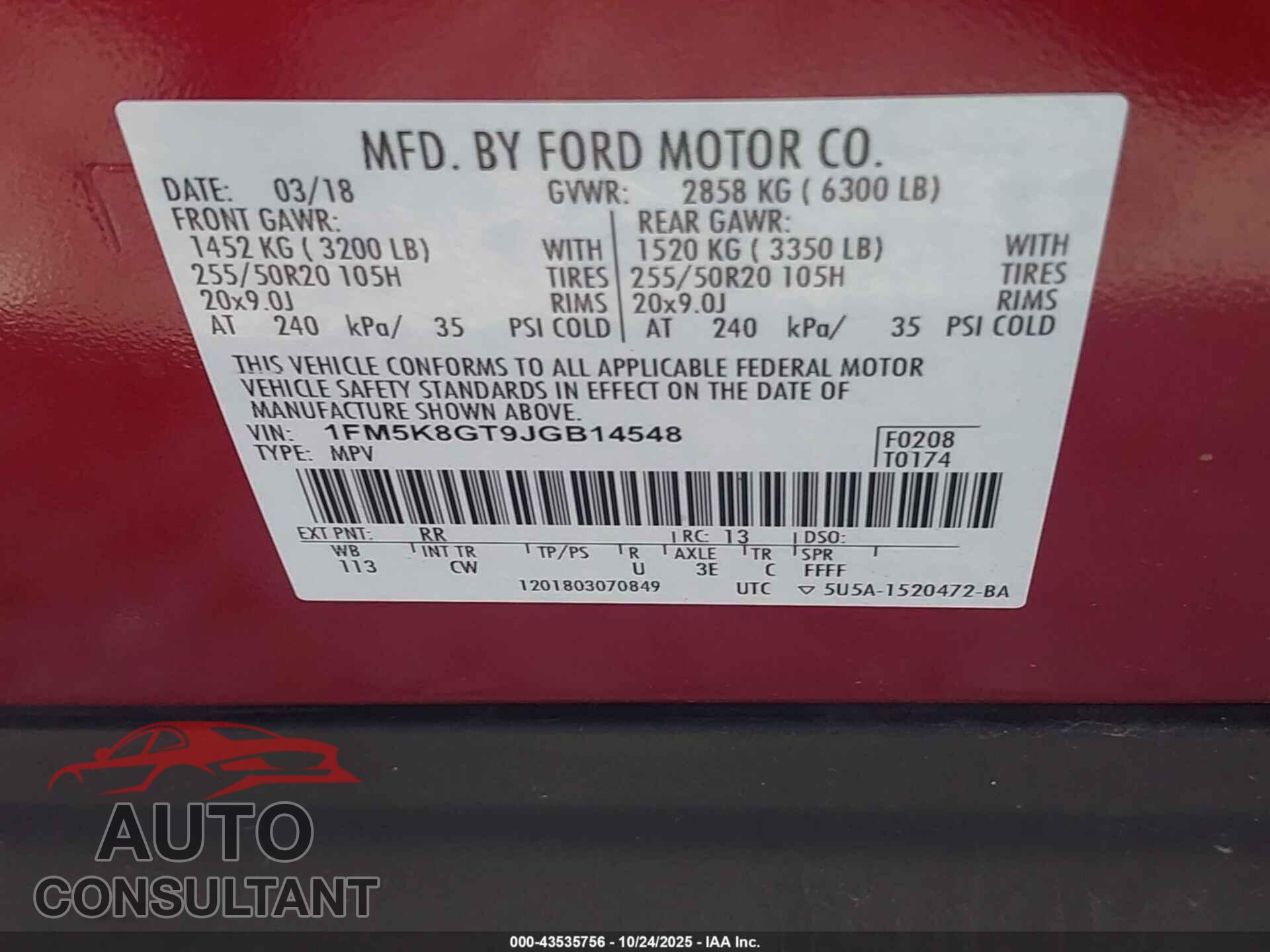 FORD EXPLORER 2018 - 1FM5K8GT9JGB14548