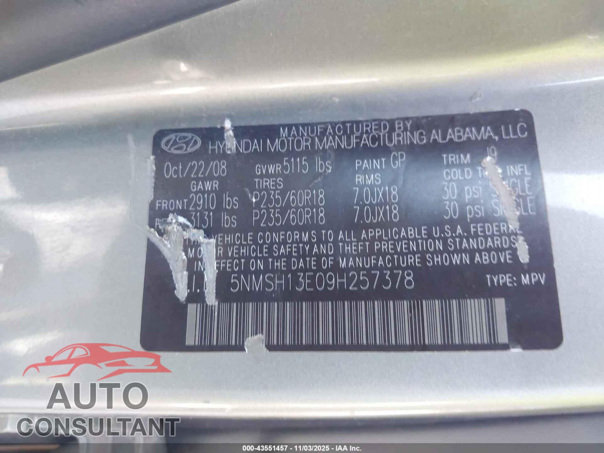 HYUNDAI SANTA FE 2009 - 5NMSH13E09H257378