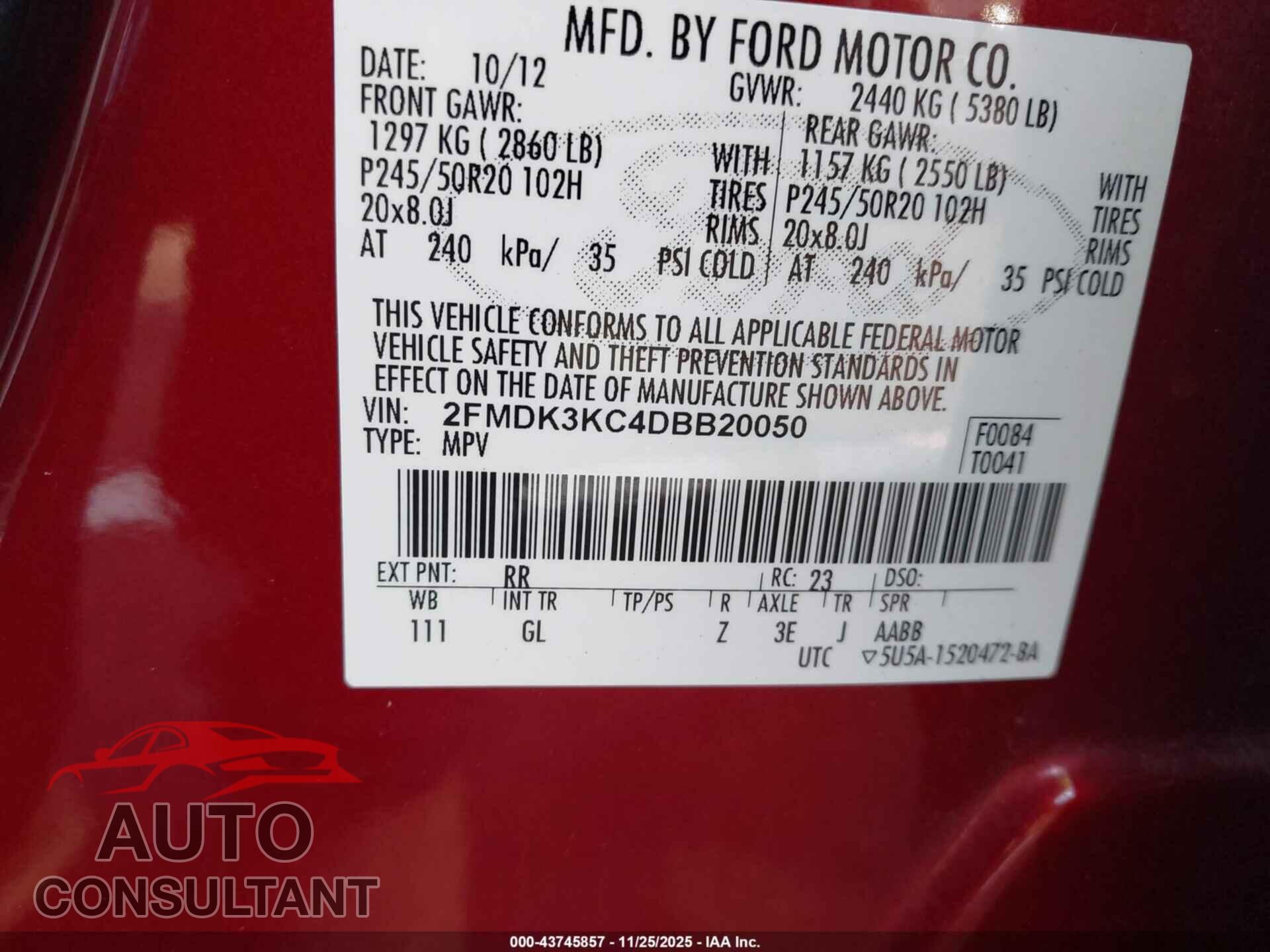 FORD EDGE 2013 - 2FMDK3KC4DBB20050