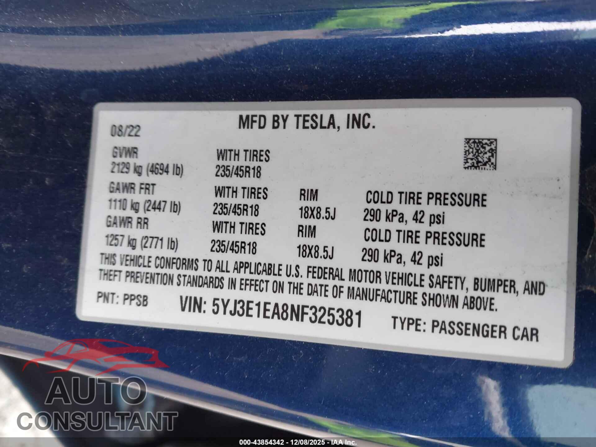 TESLA MODEL 3 2022 - 5YJ3E1EA8NF325381