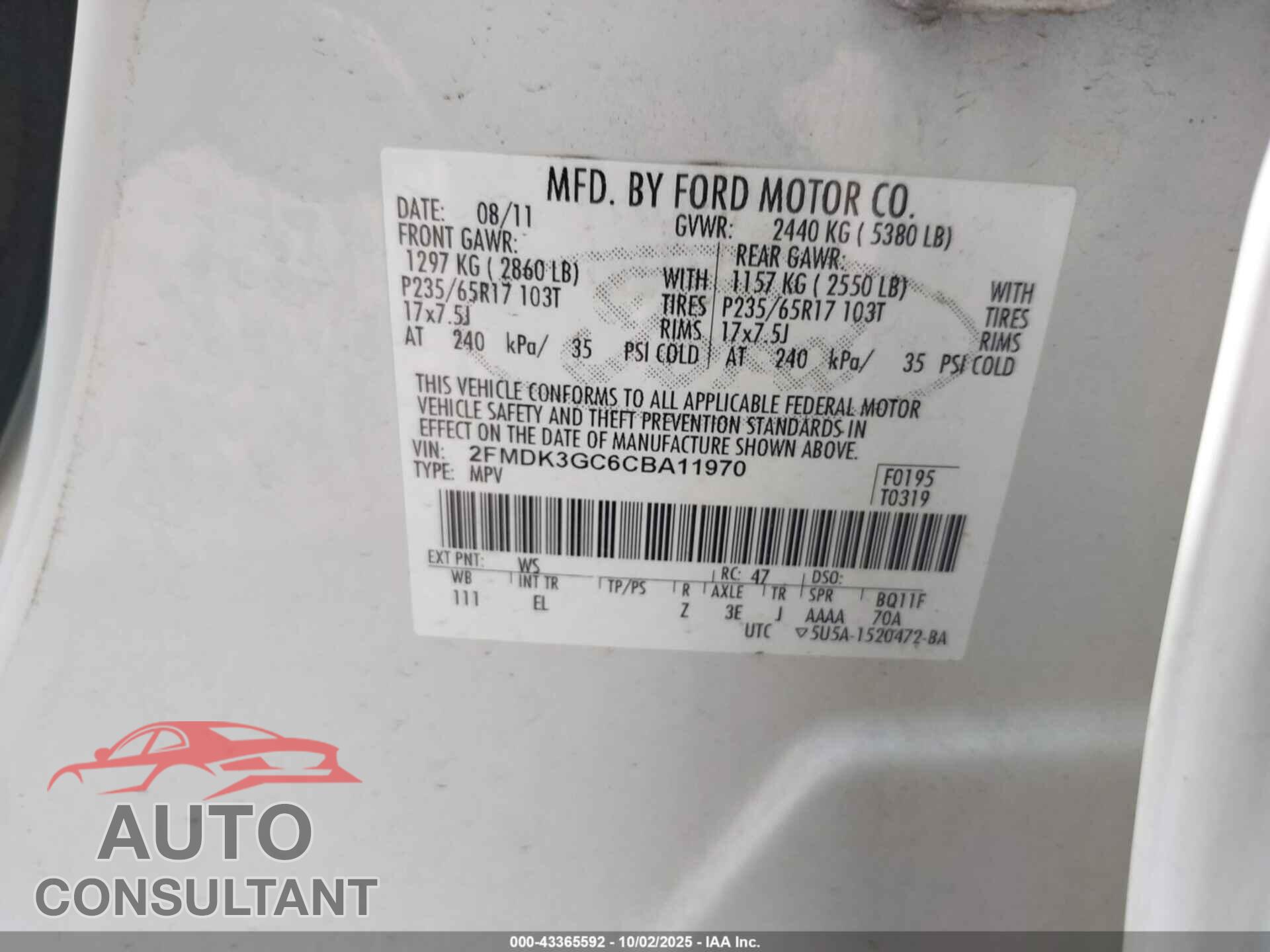 FORD EDGE 2012 - 2FMDK3GC6CBA11970