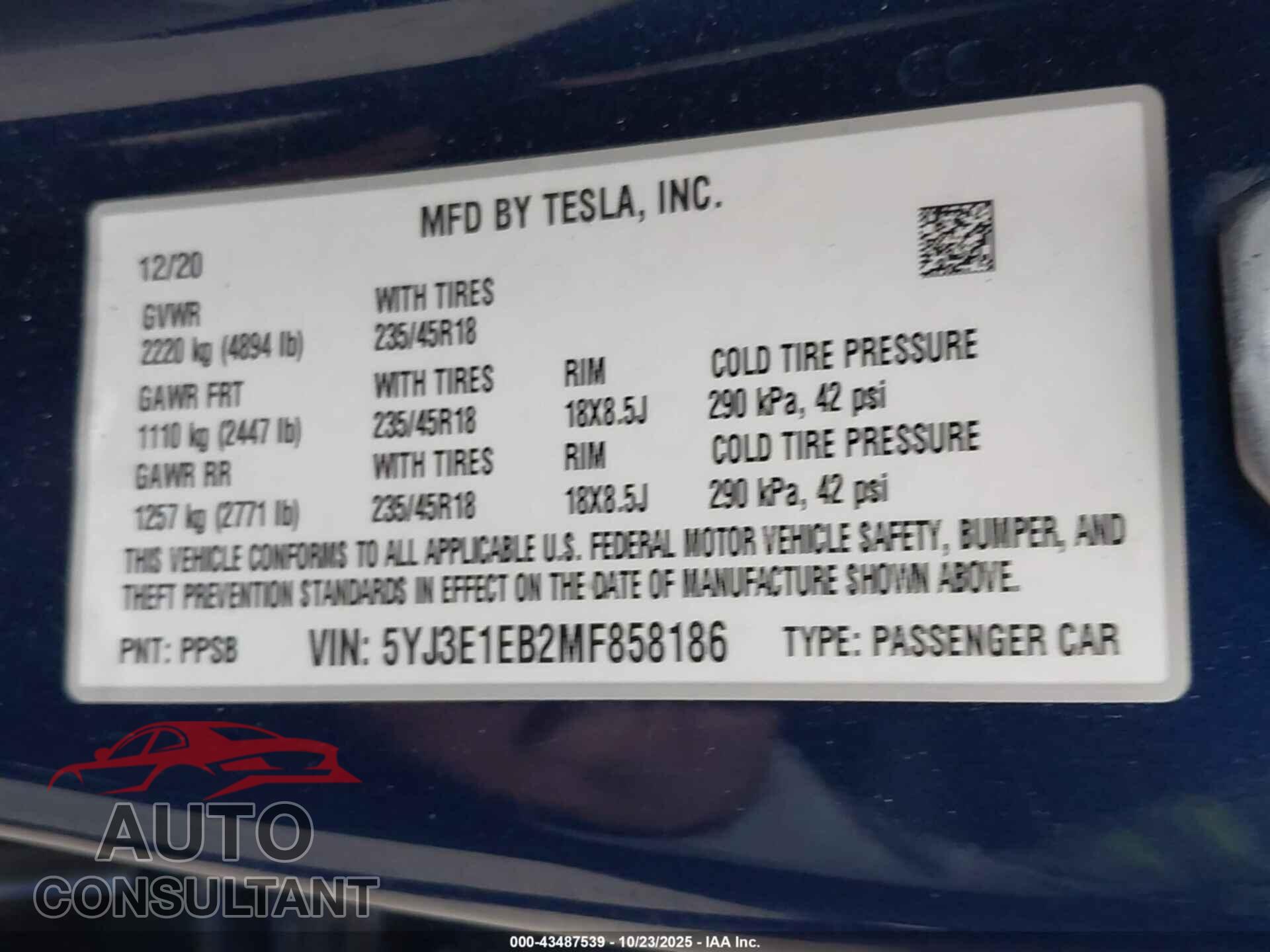 TESLA MODEL 3 2021 - 5YJ3E1EB2MF858186