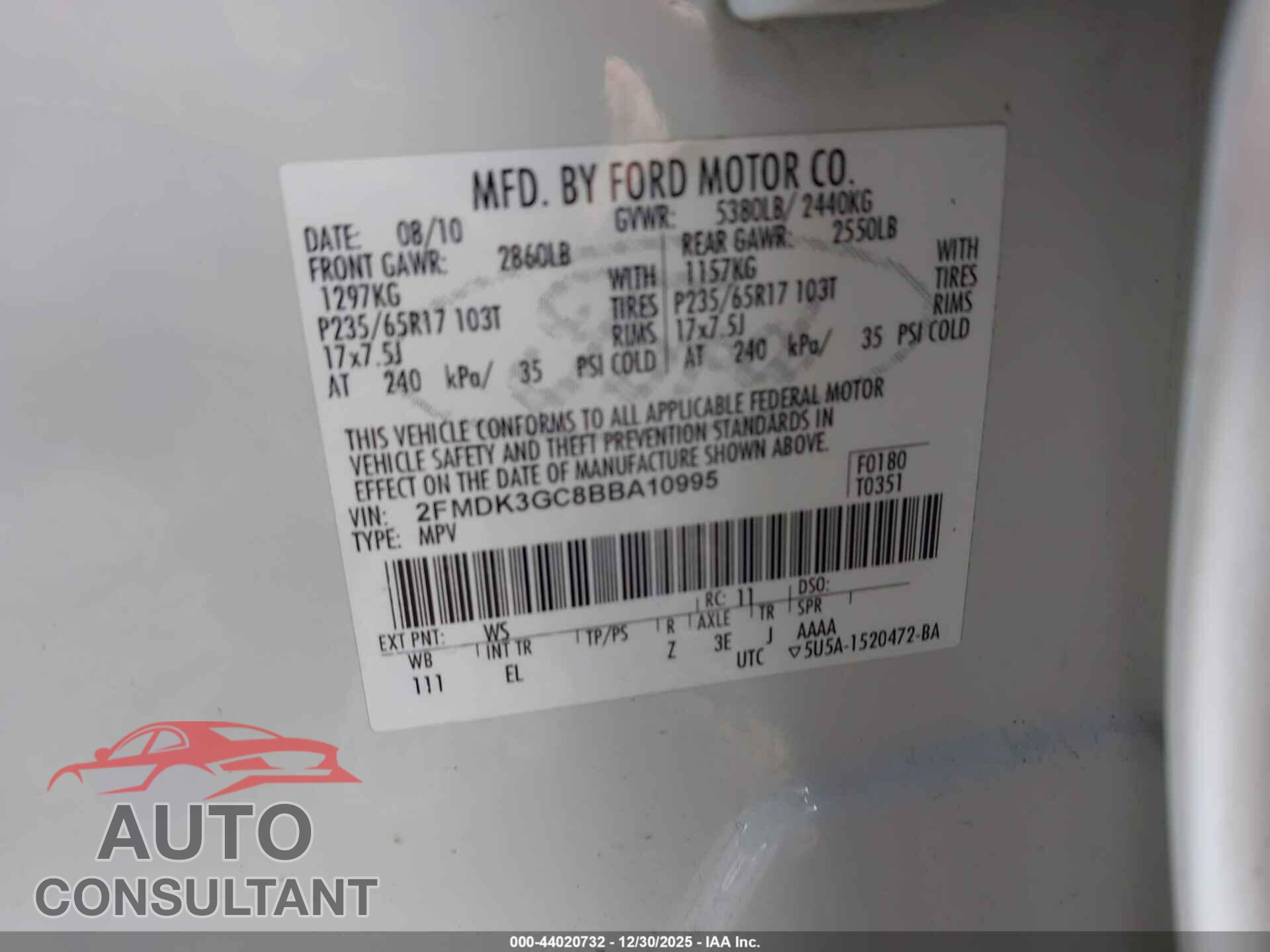 FORD EDGE 2011 - 2FMDK3GC8BBA10995