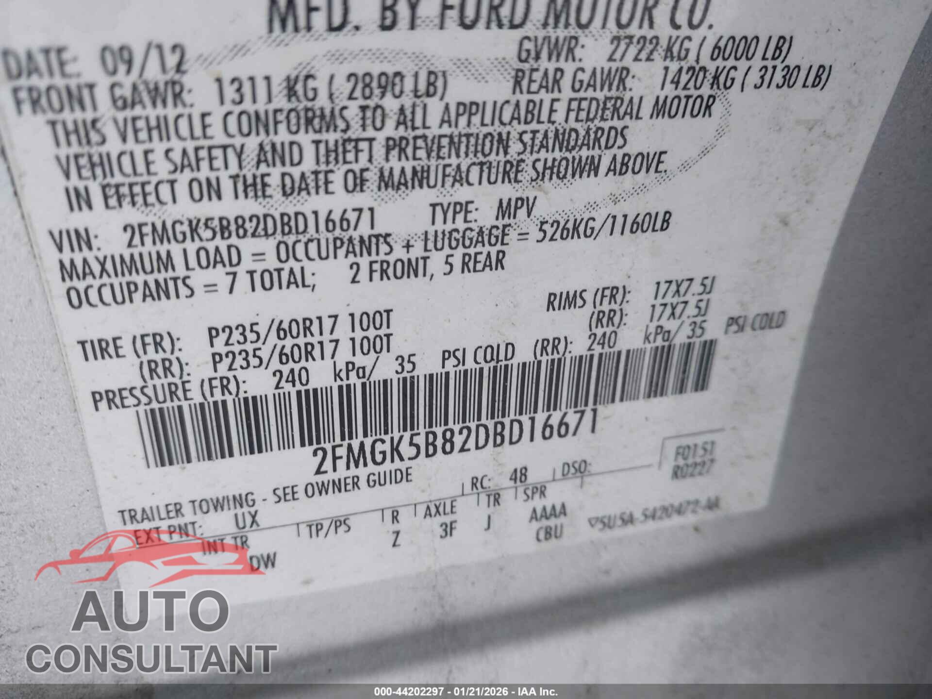 FORD FLEX 2013 - 2FMGK5B82DBD16671