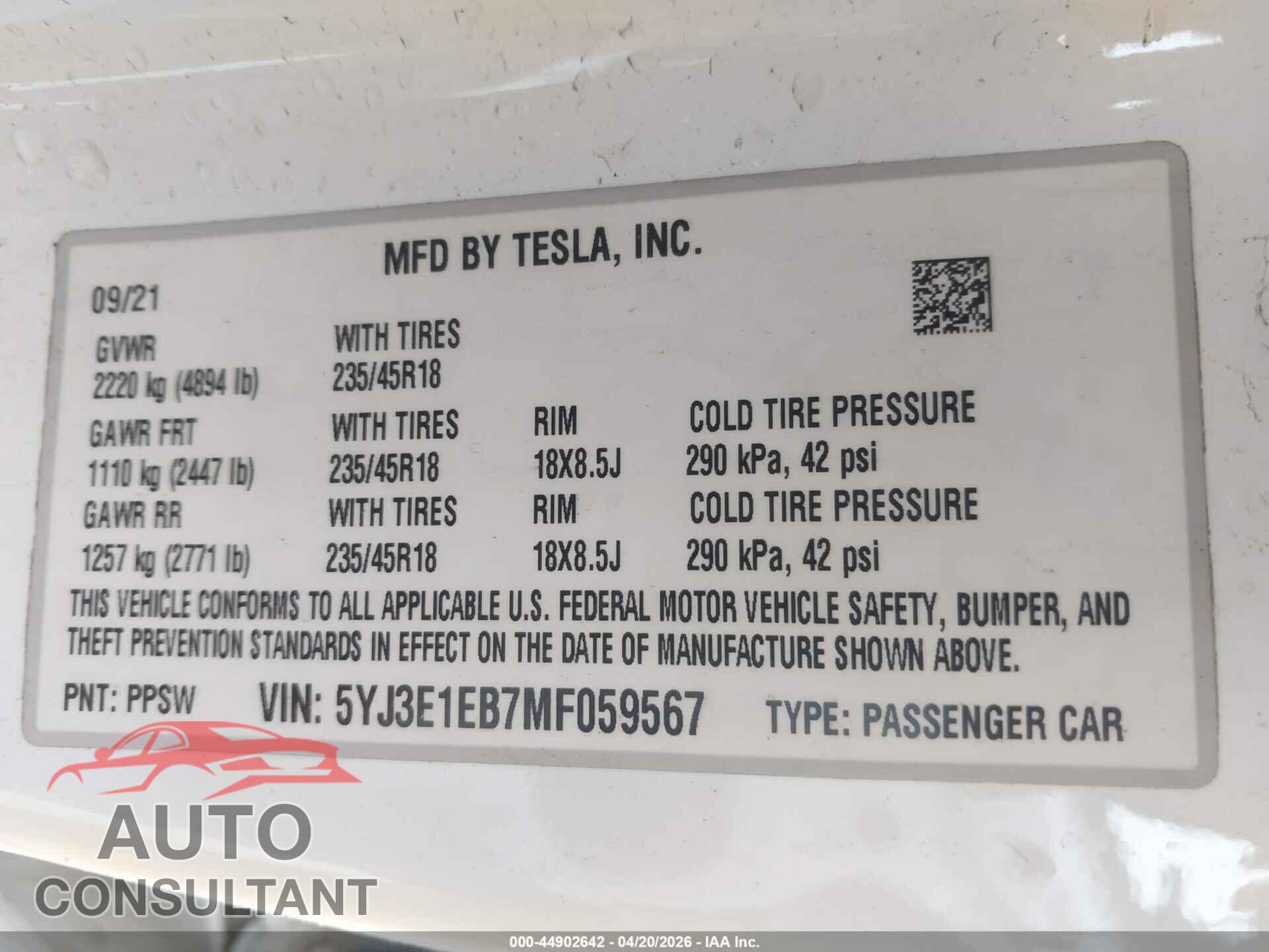 TESLA MODEL 3 2021 - 5YJ3E1EB7MF059567