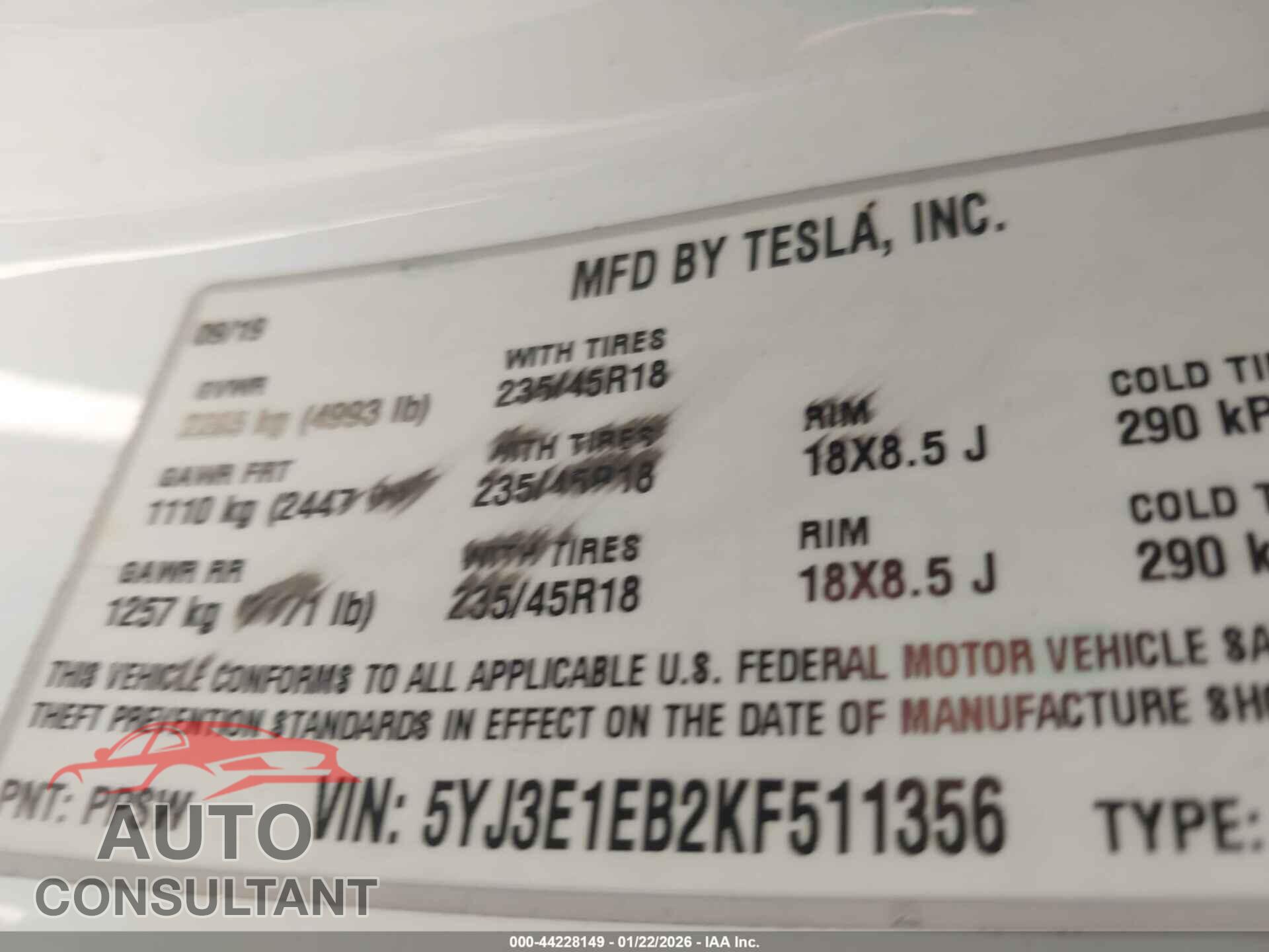 TESLA MODEL 3 2019 - 5YJ3E1EB2KF511356