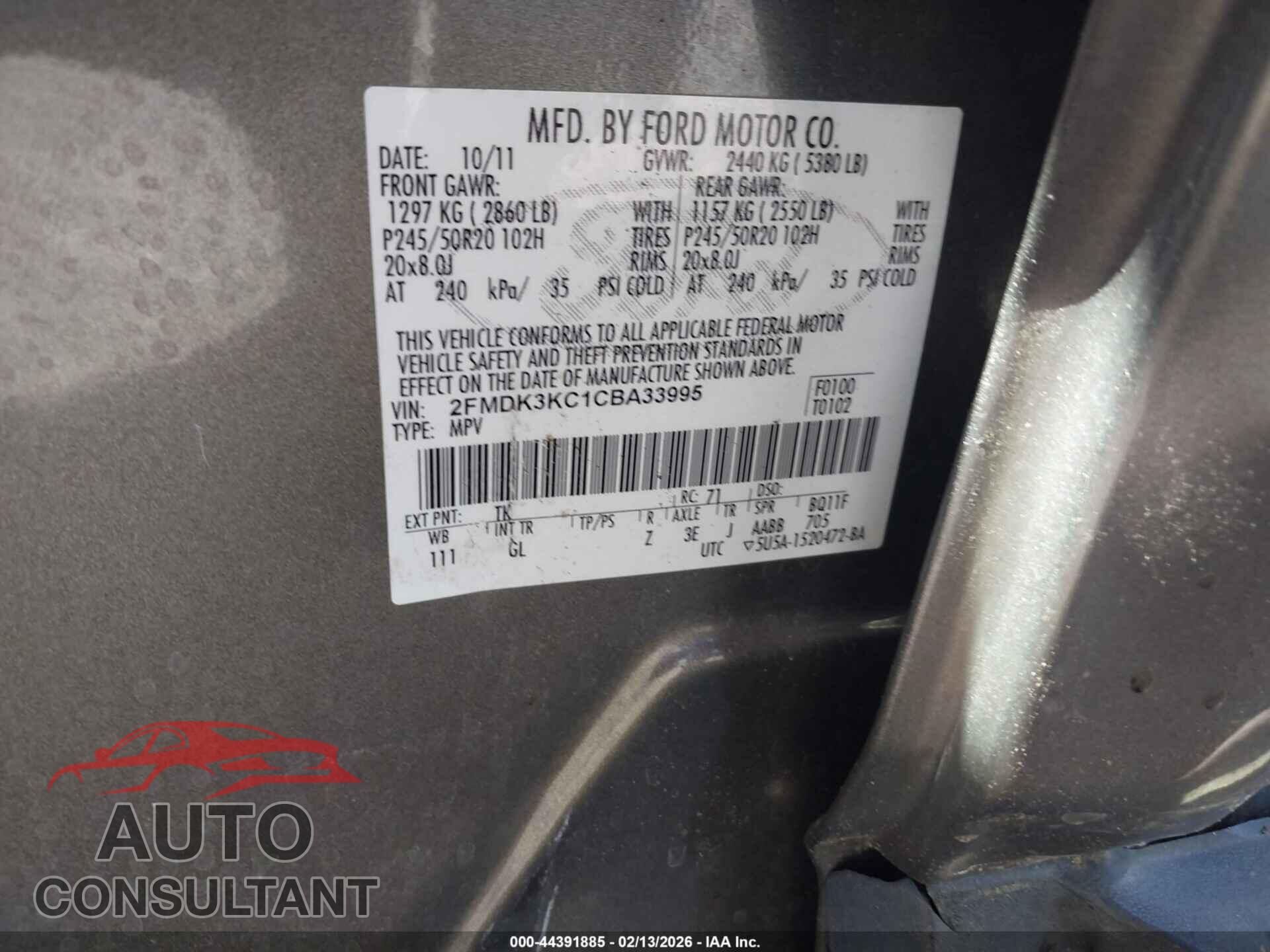 FORD EDGE 2012 - 2FMDK3KC1CBA33995