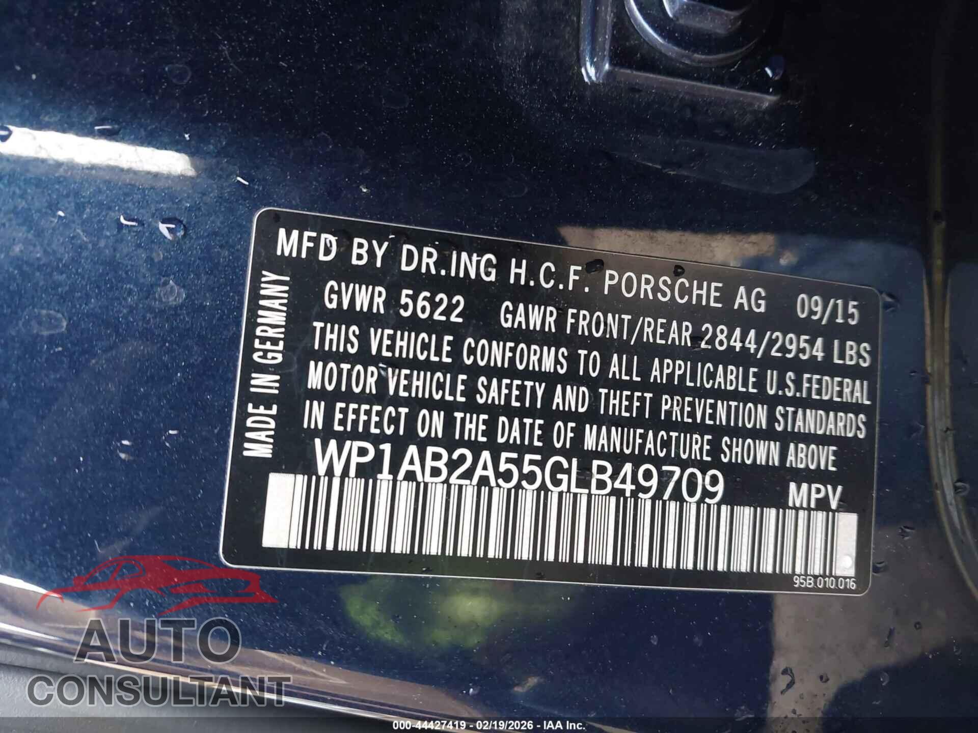 PORSCHE MACAN 2016 - WP1AB2A55GLB49709