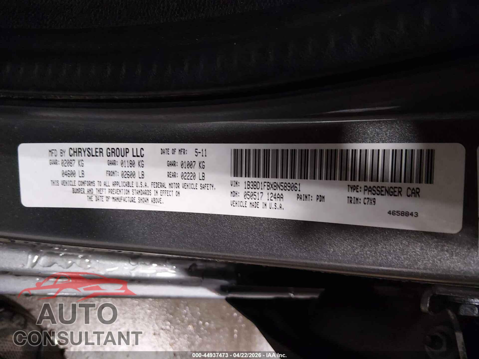 DODGE AVENGER 2011 - 1B3BD1FBXBN589061