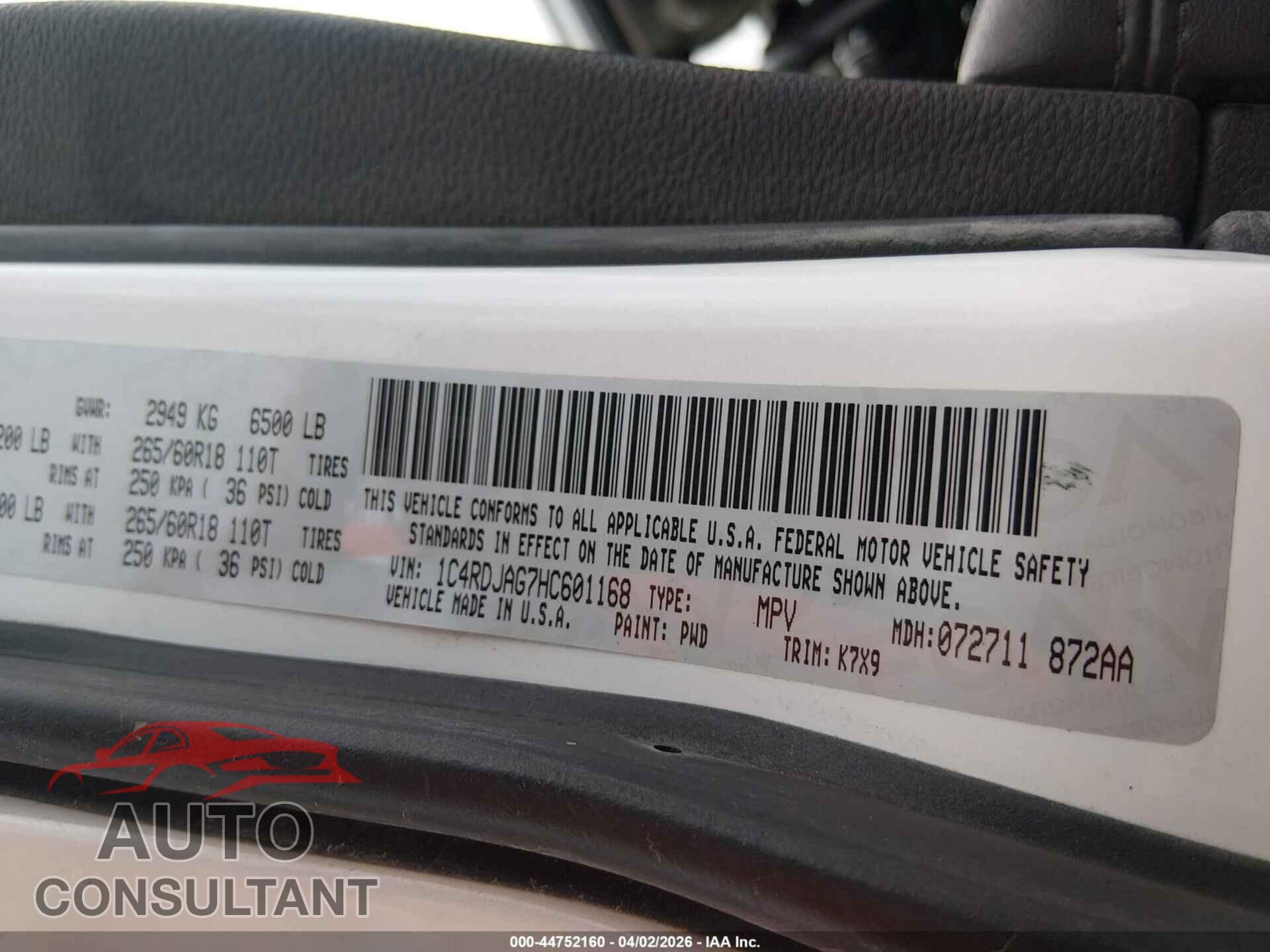 DODGE DURANGO 2017 - 1c4rdjag7hc601168