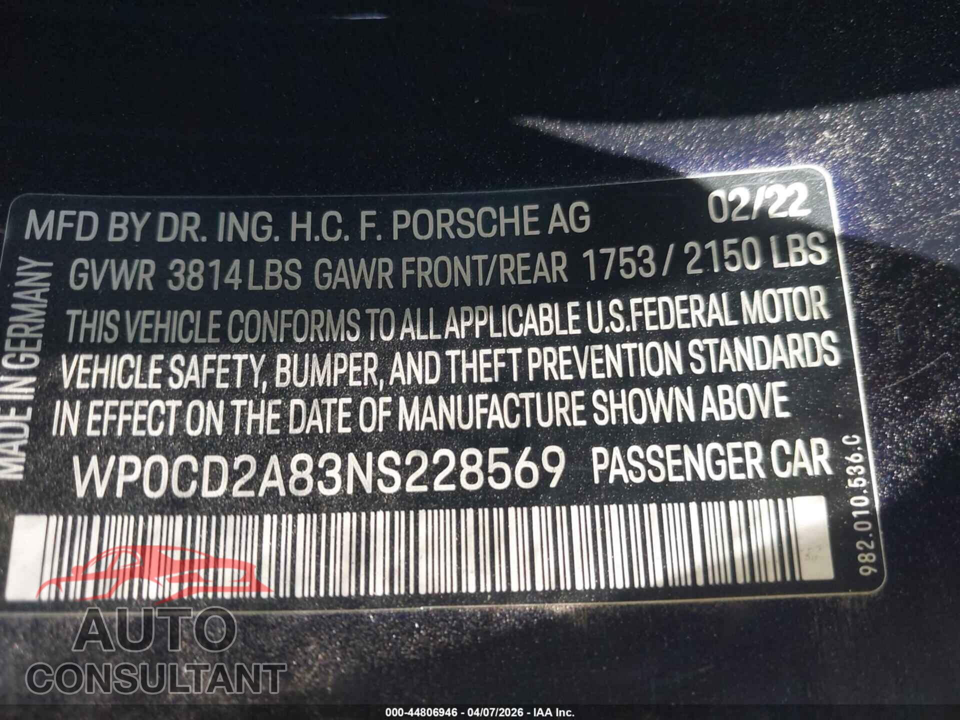 PORSCHE BOXSTER 2022 - WP0CD2A83NS228569