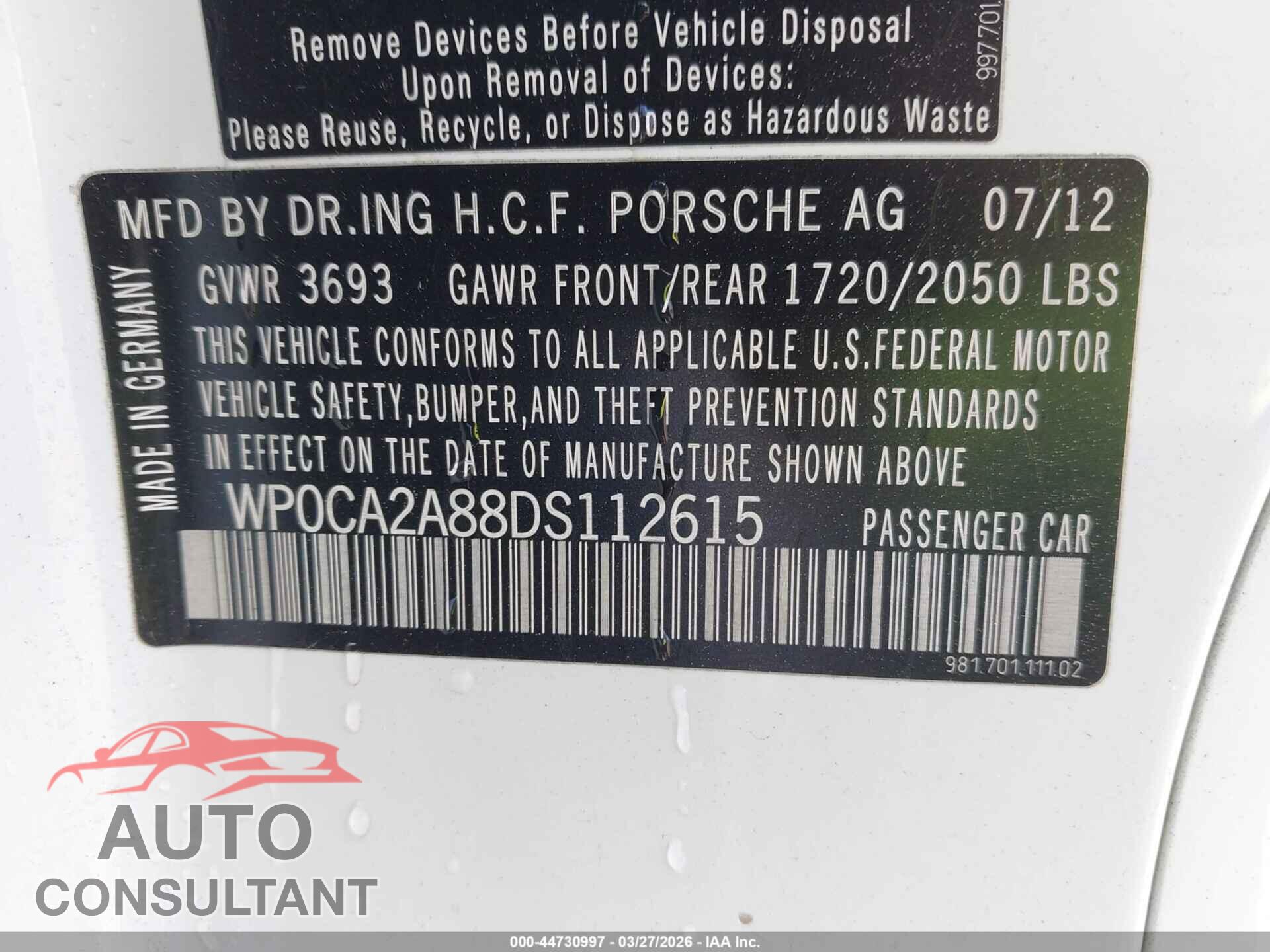PORSCHE BOXSTER 2013 - WP0CA2A88DS112615