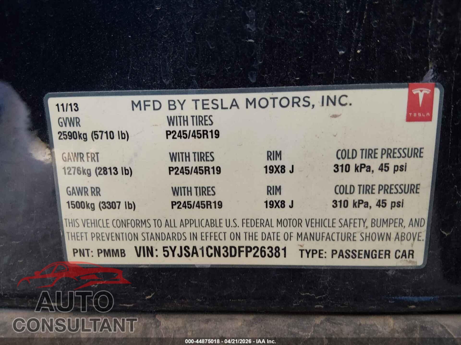 TESLA MODEL S 2013 - 5YJSA1CN3DFP26381