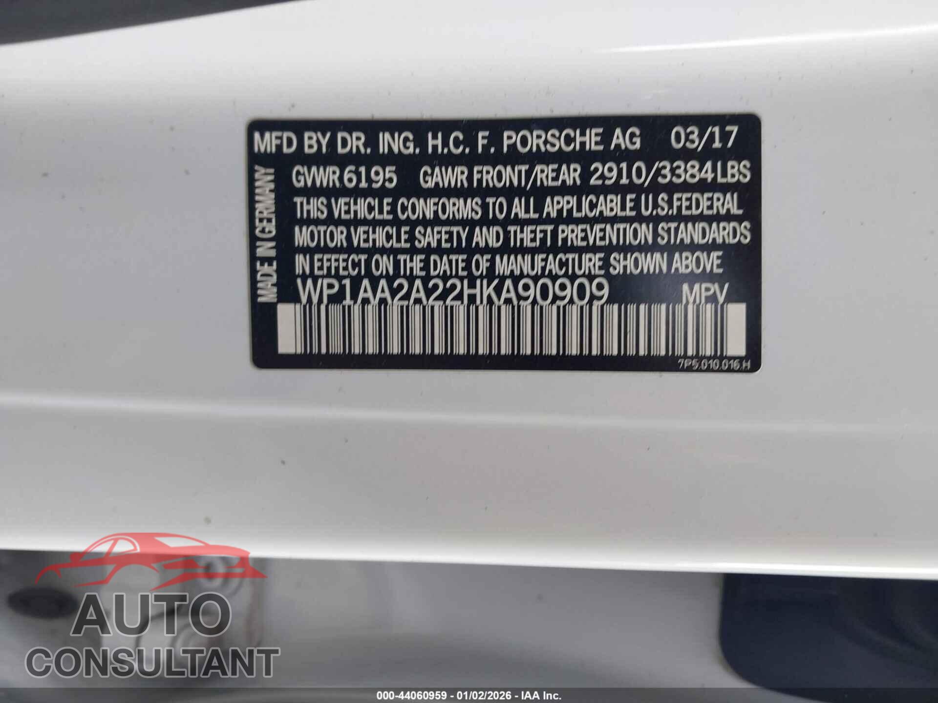 PORSCHE CAYENNE 2017 - WP1AA2A22HKA90909