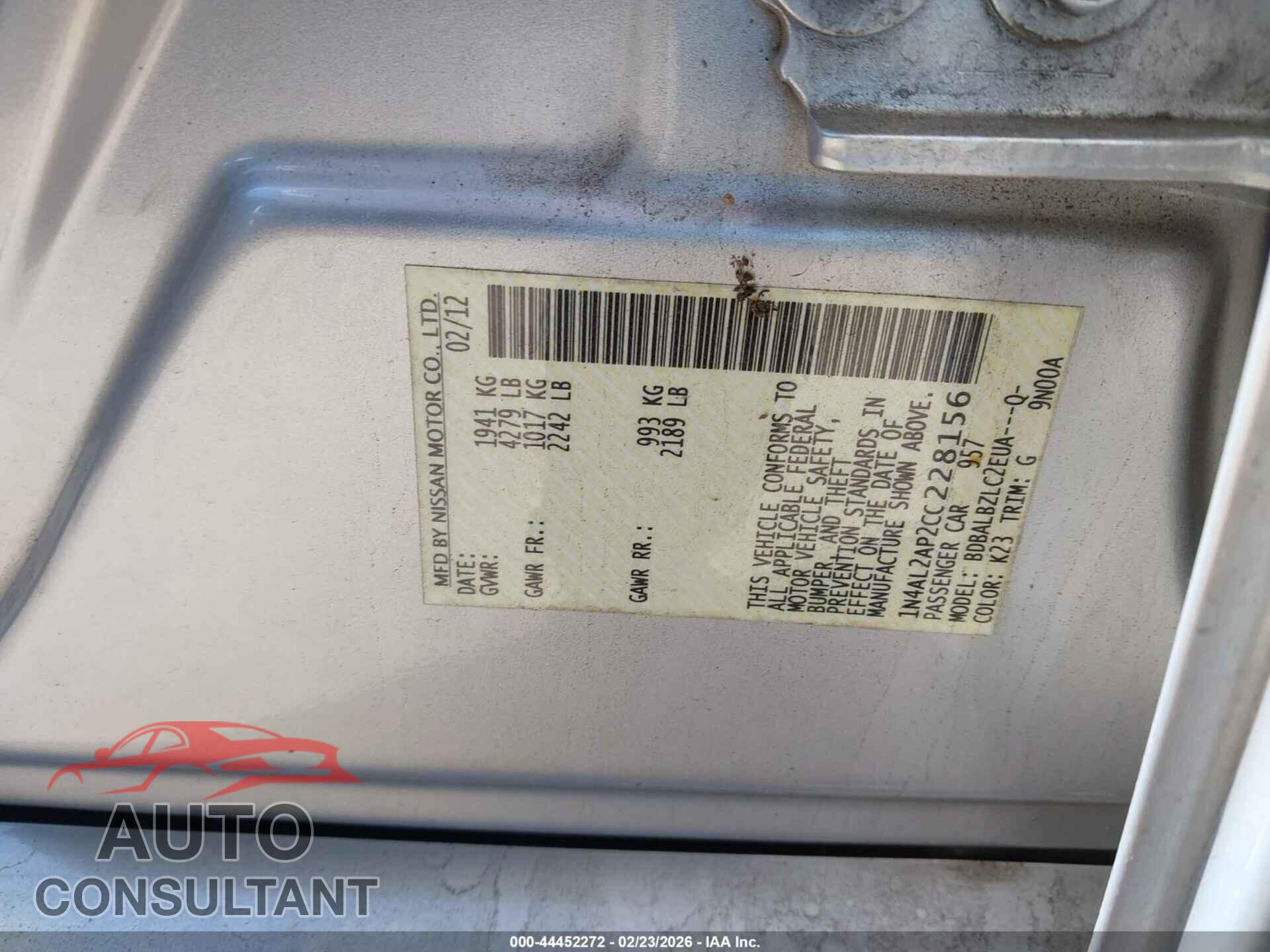 NISSAN ALTIMA 2012 - 1N4AL2AP2CC228156