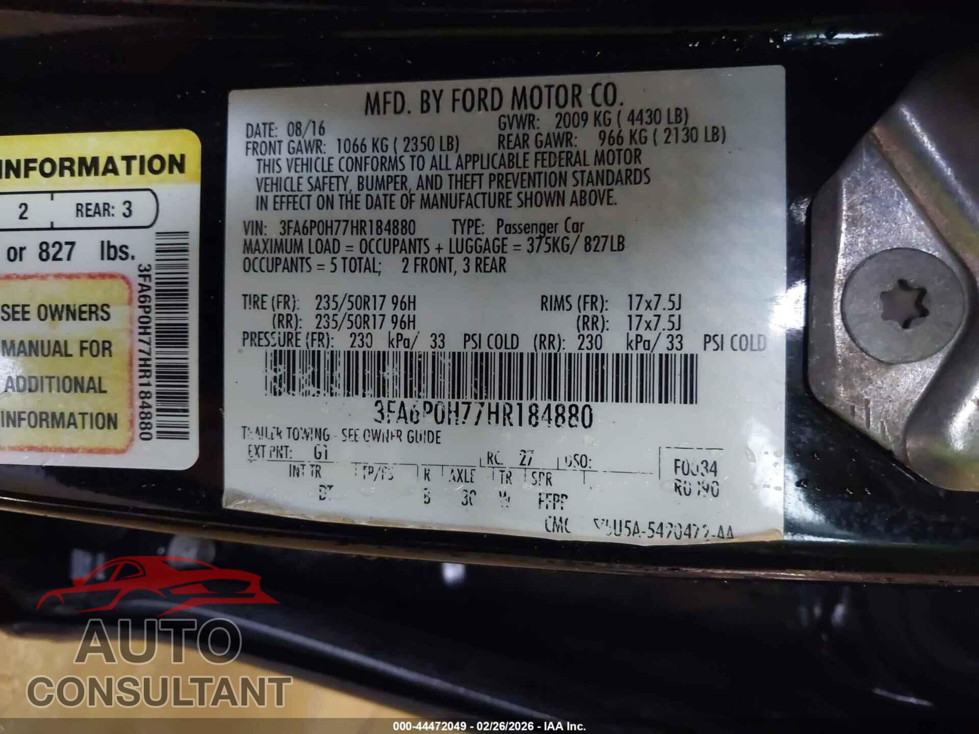 FORD FUSION 2017 - 3FA6P0H77HR184880
