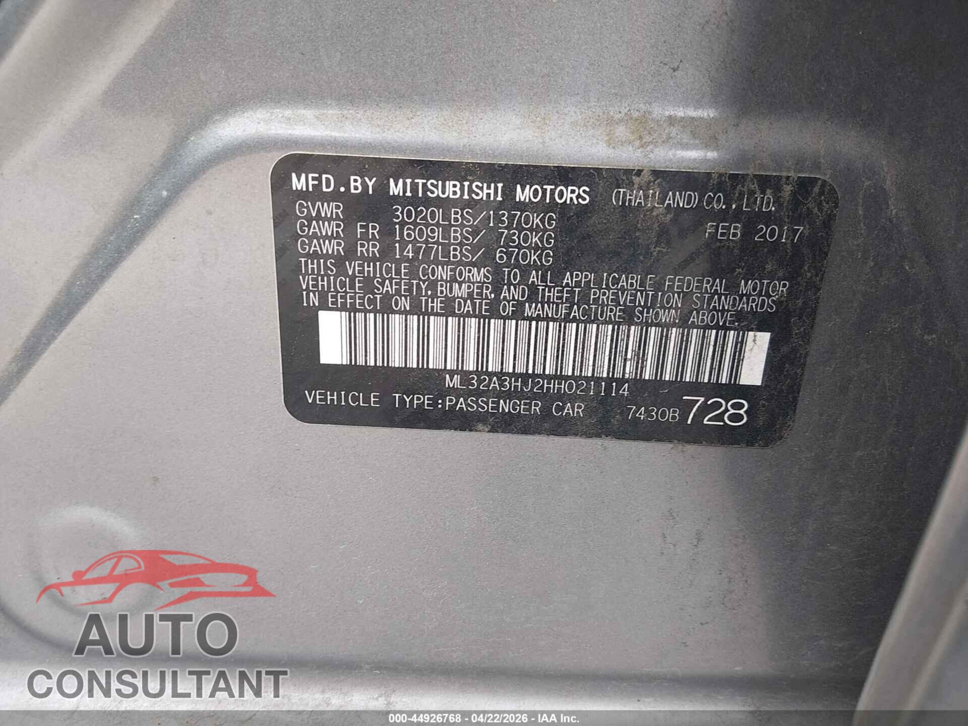 MITSUBISHI MIRAGE 2017 - ML32A3HJ2HH021114