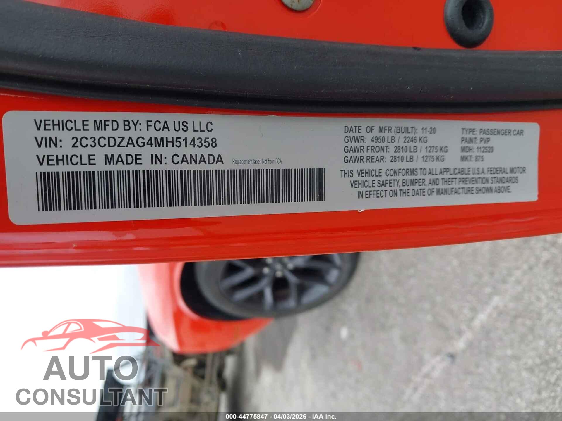DODGE CHALLENGER 2021 - 2C3CDZAG4MH514358