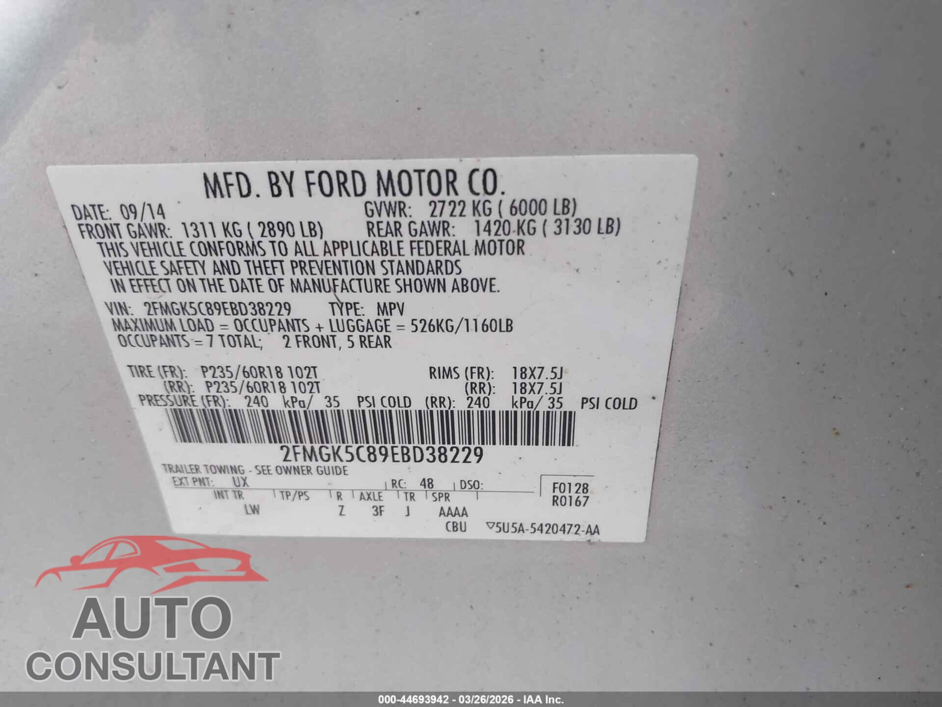 FORD FLEX 2014 - 2FMGK5C89EBD38229