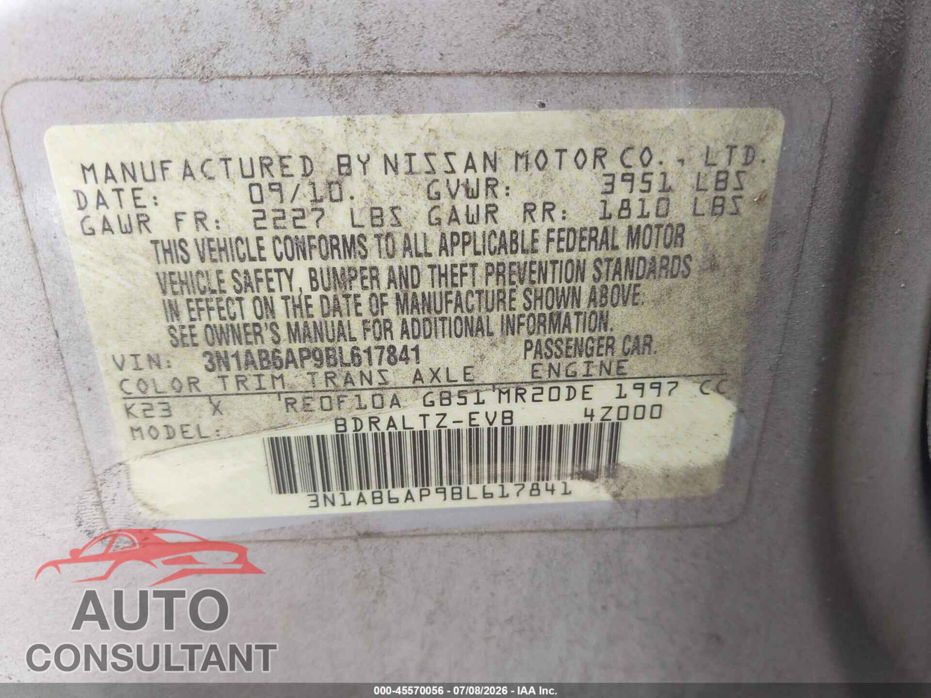 NISSAN SENTRA 2011 - 3N1AB6AP9BL617841