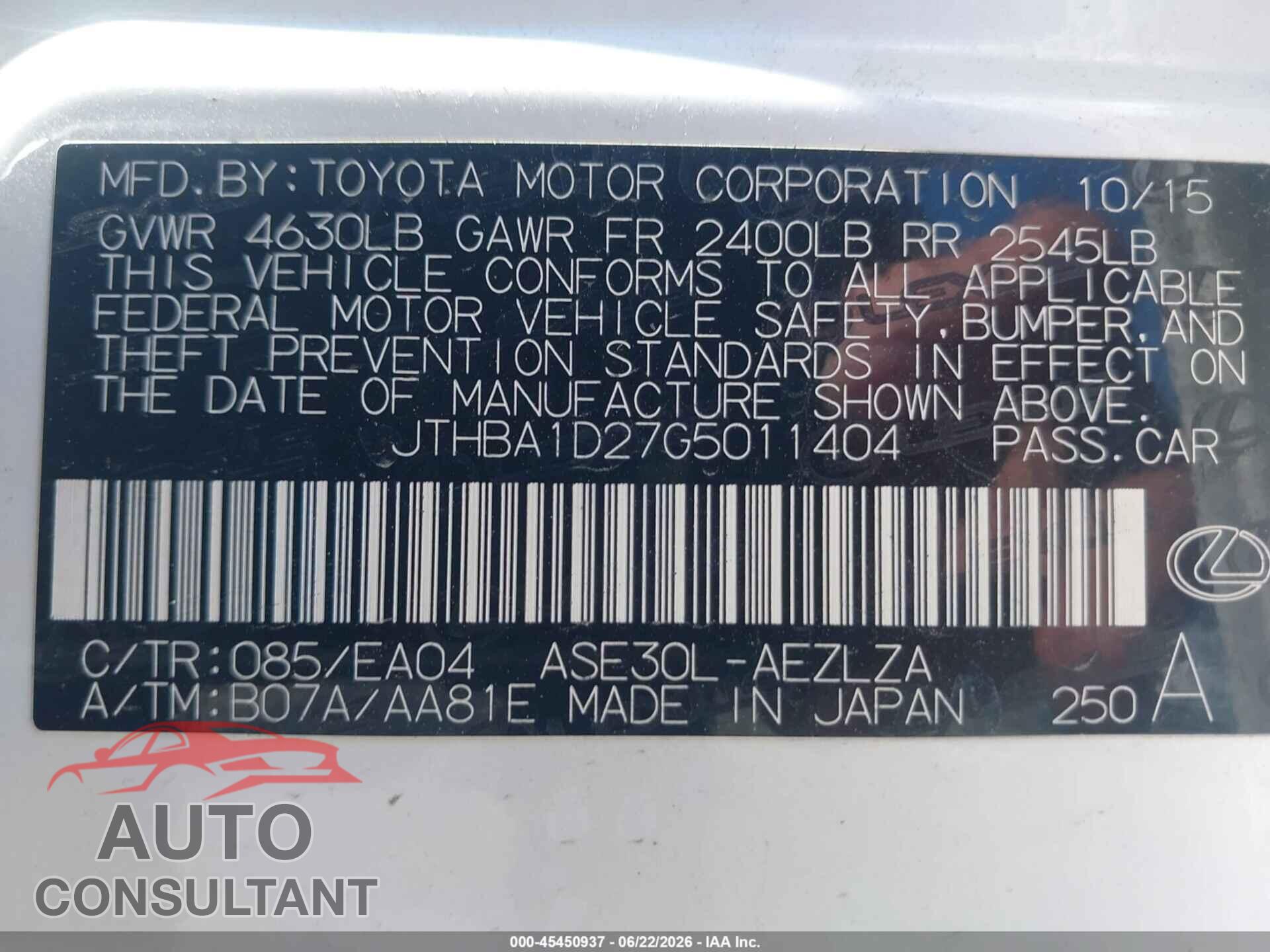 LEXUS IS 200T 2016 - JTHBA1D27G5011404
