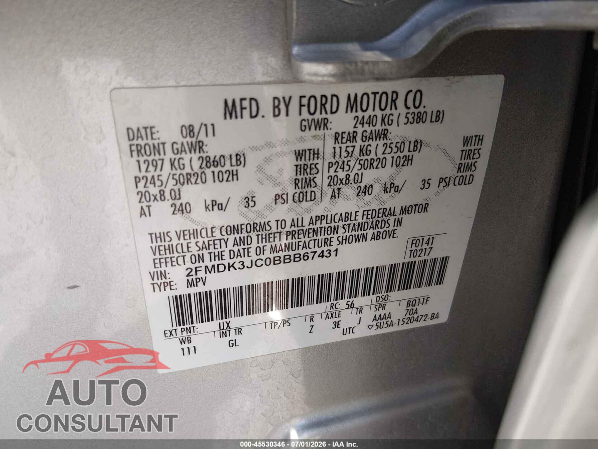 FORD EDGE 2011 - 2FMDK3JC0BBB67431