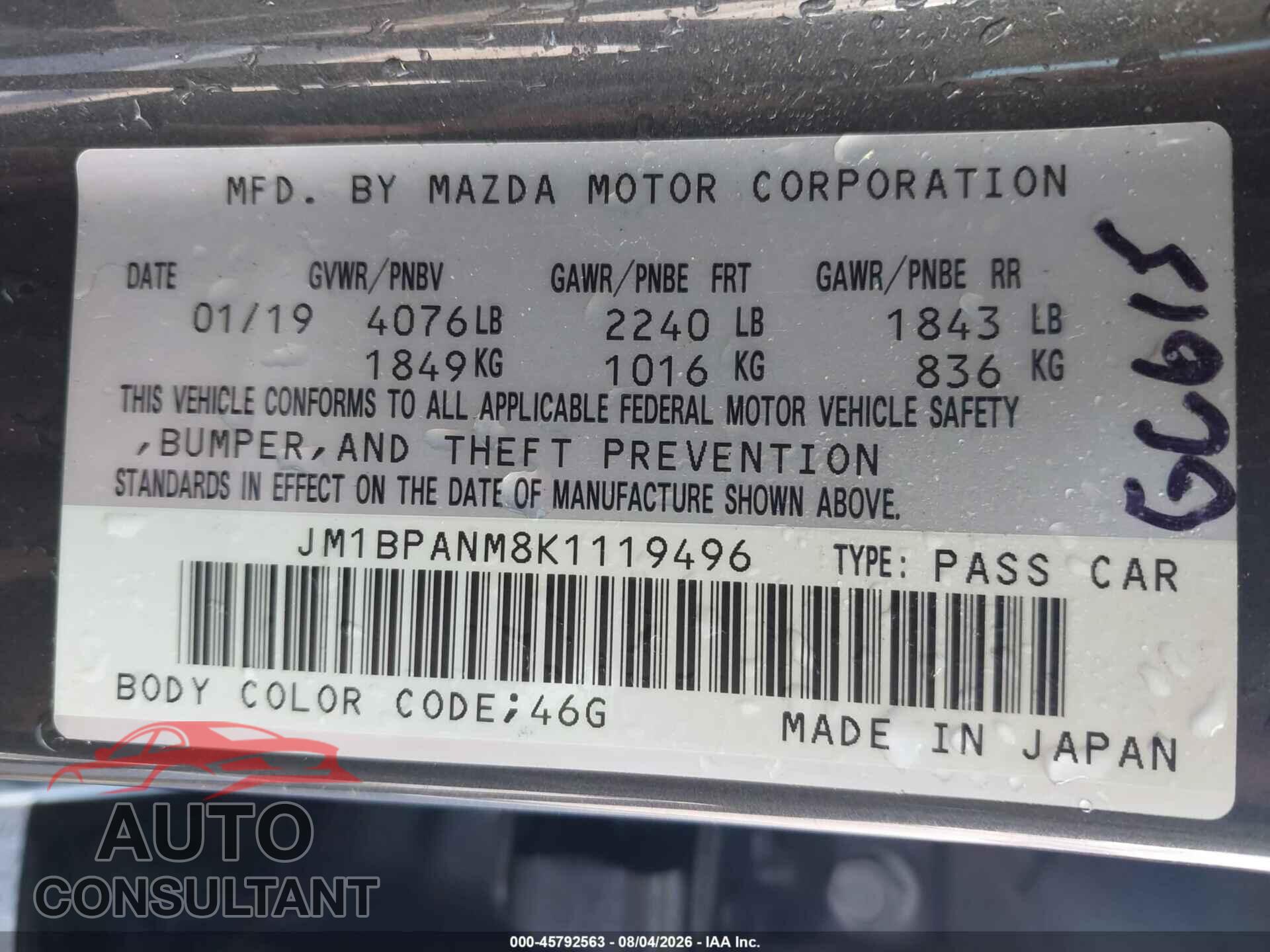 MAZDA MAZDA3 2019 - JM1BPANM8K1119496