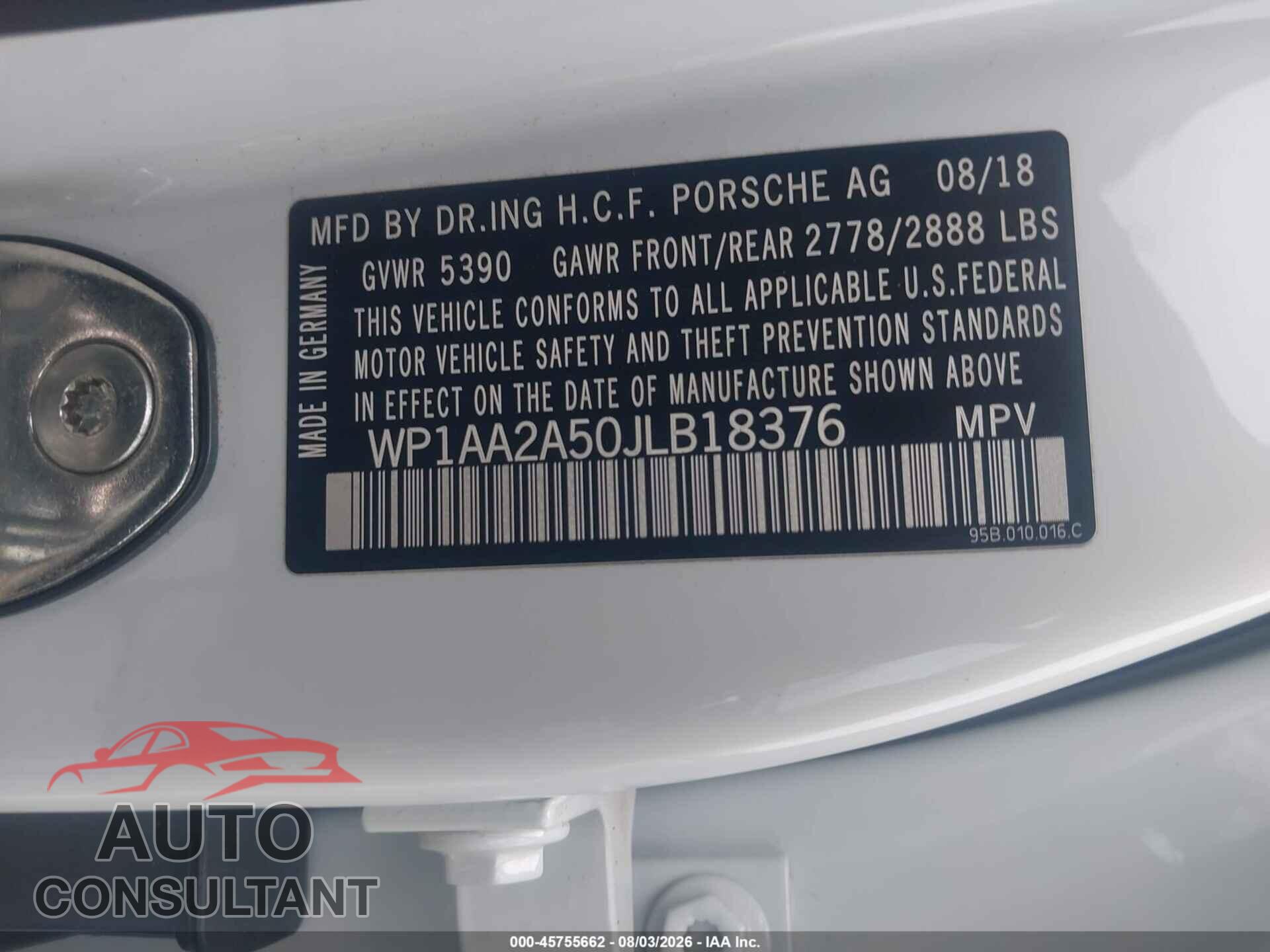 PORSCHE MACAN 2018 - WP1AA2A50JLB18376