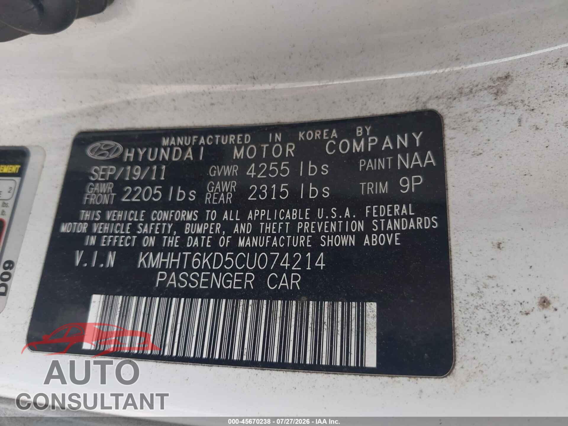 HYUNDAI GENESIS 2012 - KMHHT6KD5CU074214