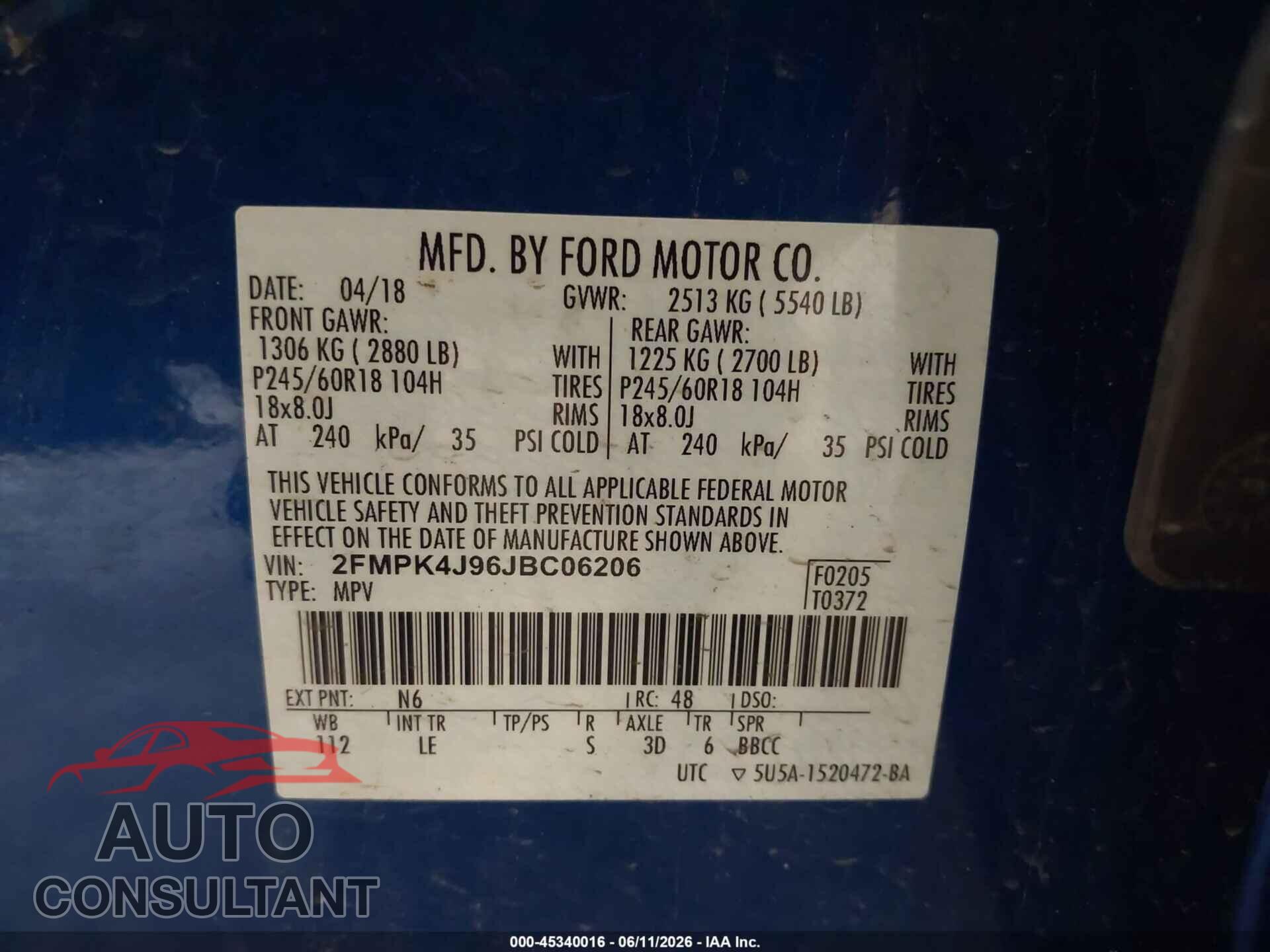 FORD EDGE 2018 - 2FMPK4J96JBC06206