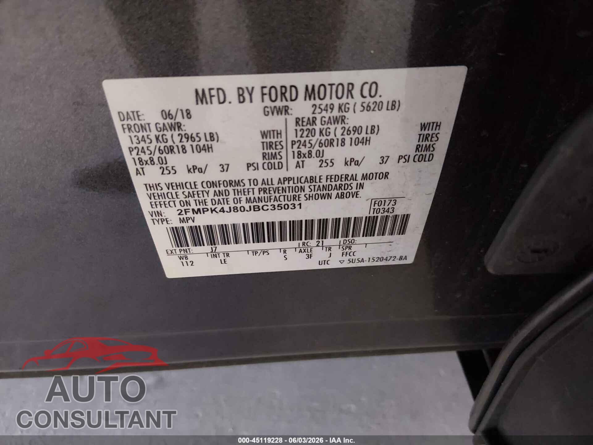 FORD EDGE 2018 - 2FMPK4J80JBC35031