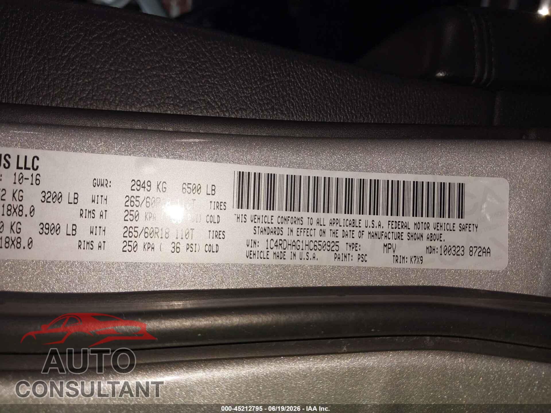 DODGE DURANGO 2017 - 1C4RDHAG1HC650925