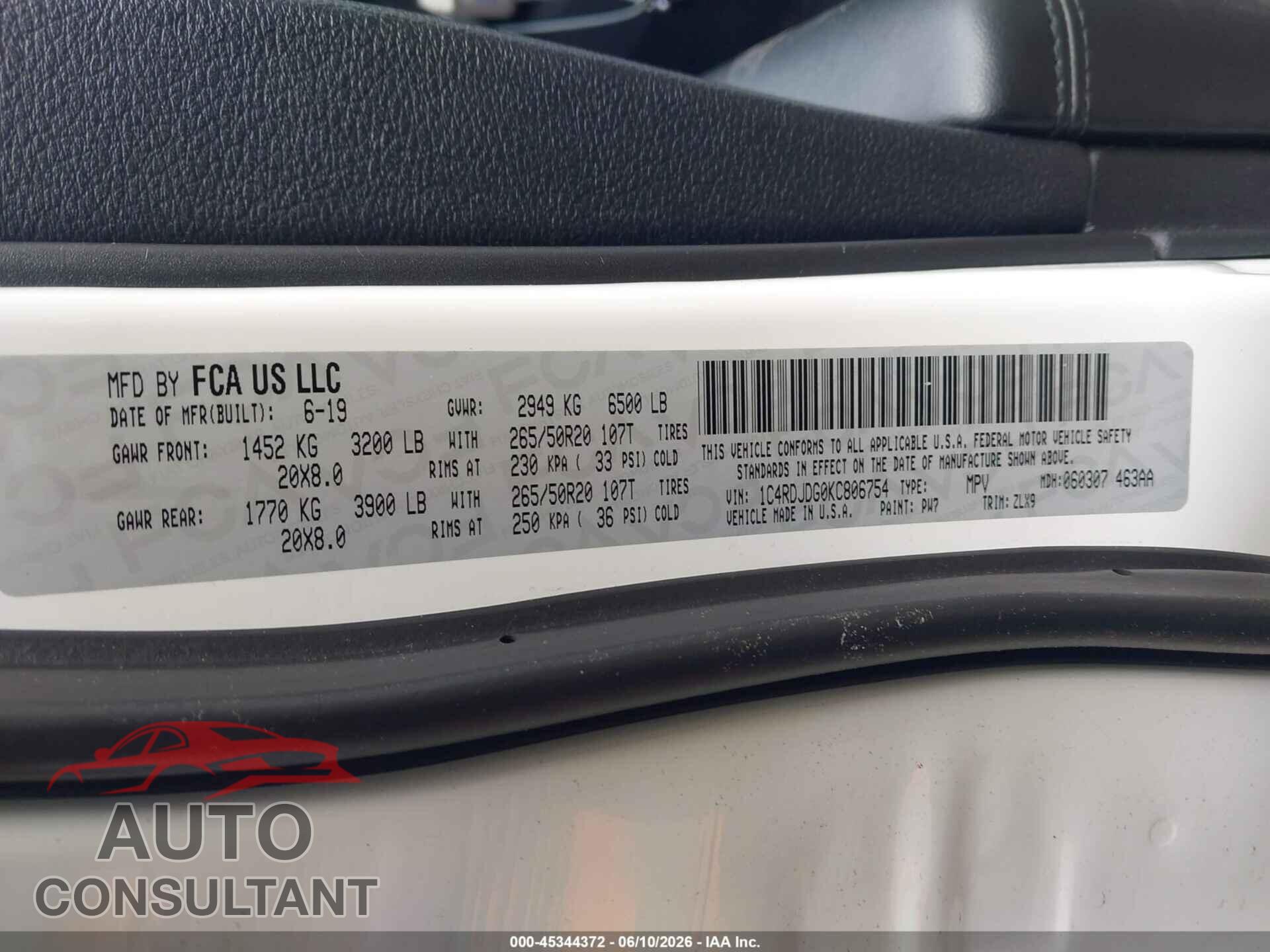 DODGE DURANGO 2019 - 1C4RDJDG0KC806754