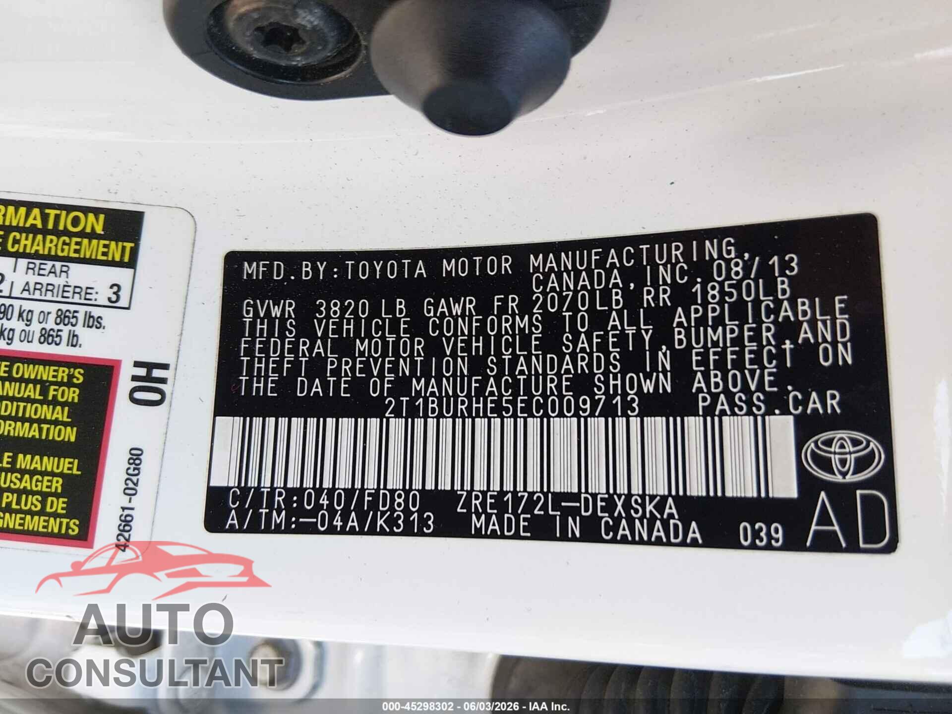 TOYOTA COROLLA 2014 - 2T1BURHE5EC009713
