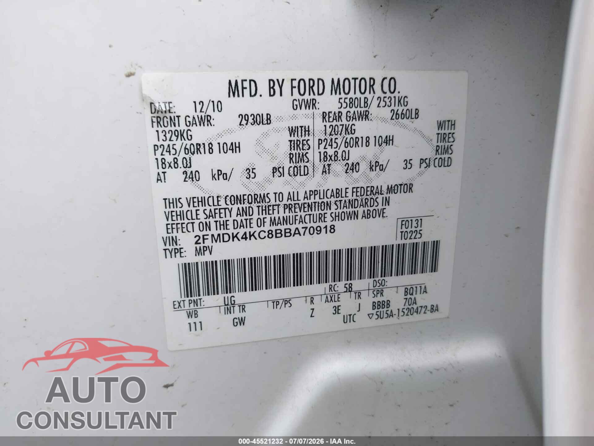 FORD EDGE 2011 - 2FMDK4KC8BBA70918
