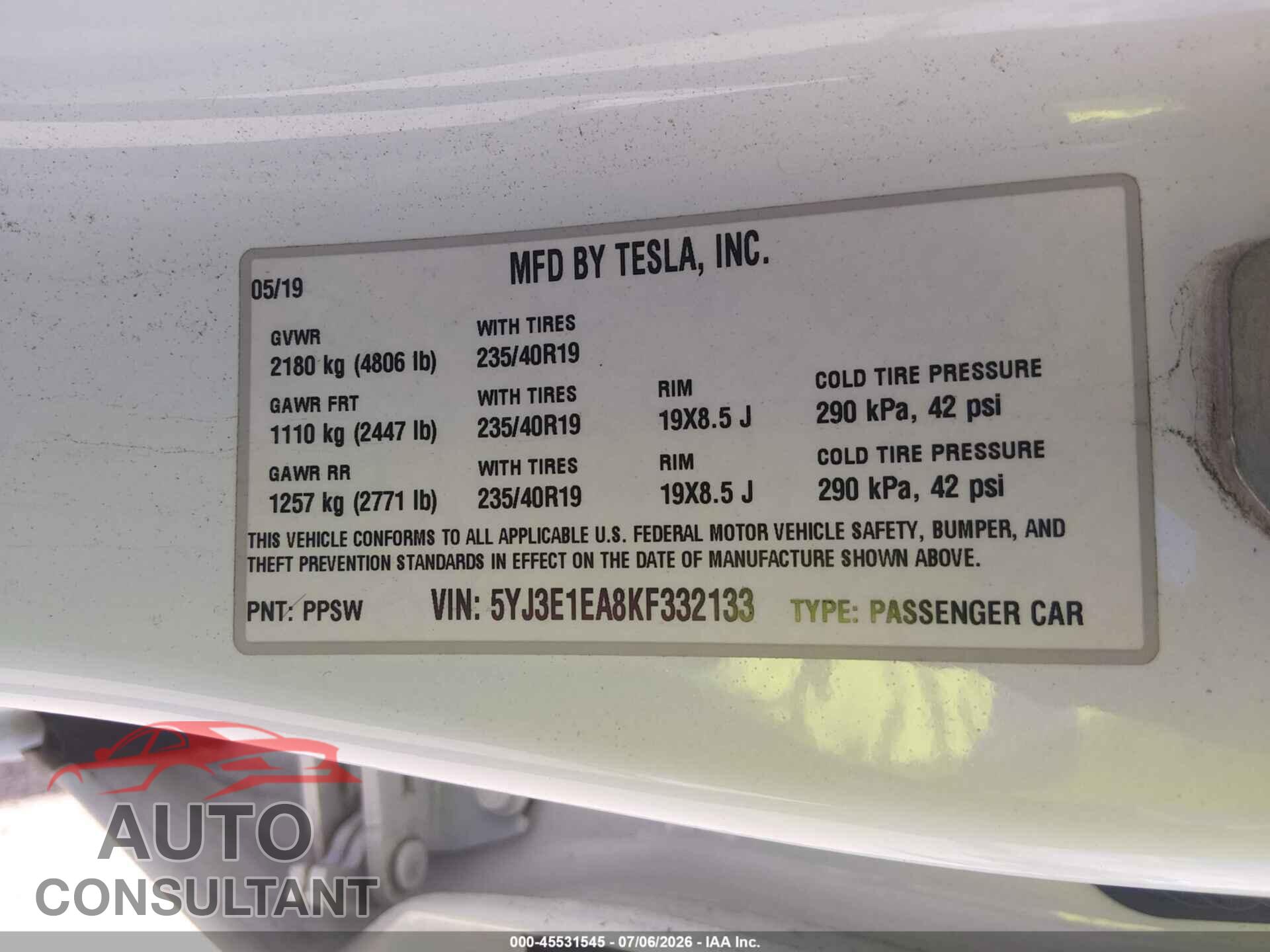 TESLA MODEL 3 2019 - 5YJ3E1EA8KF332133