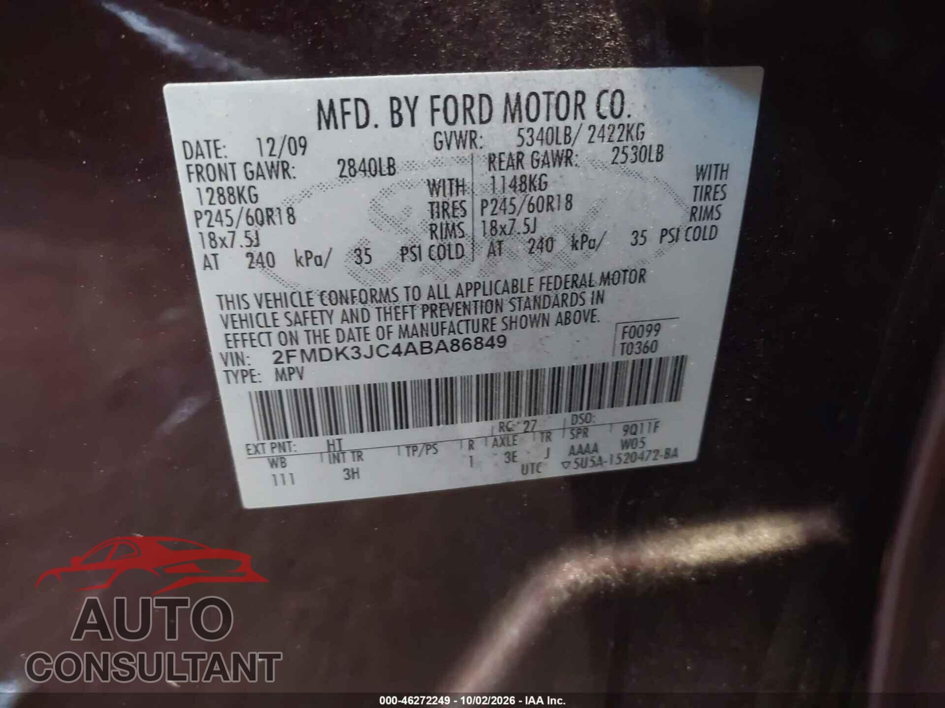 FORD EDGE 2010 - 2FMDK3JC4ABA86849