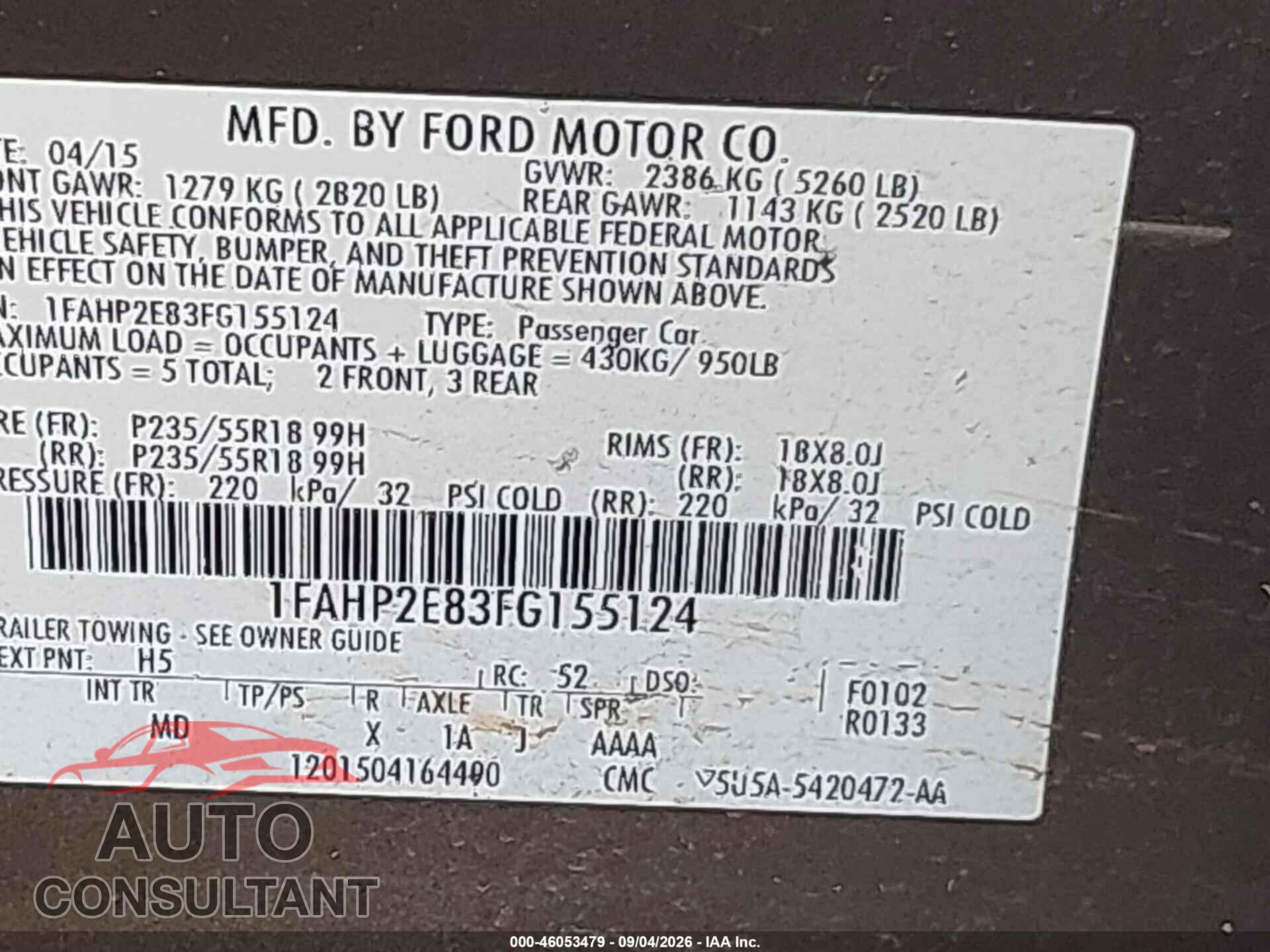 FORD TAURUS 2015 - 1FAHP2E83FG155124
