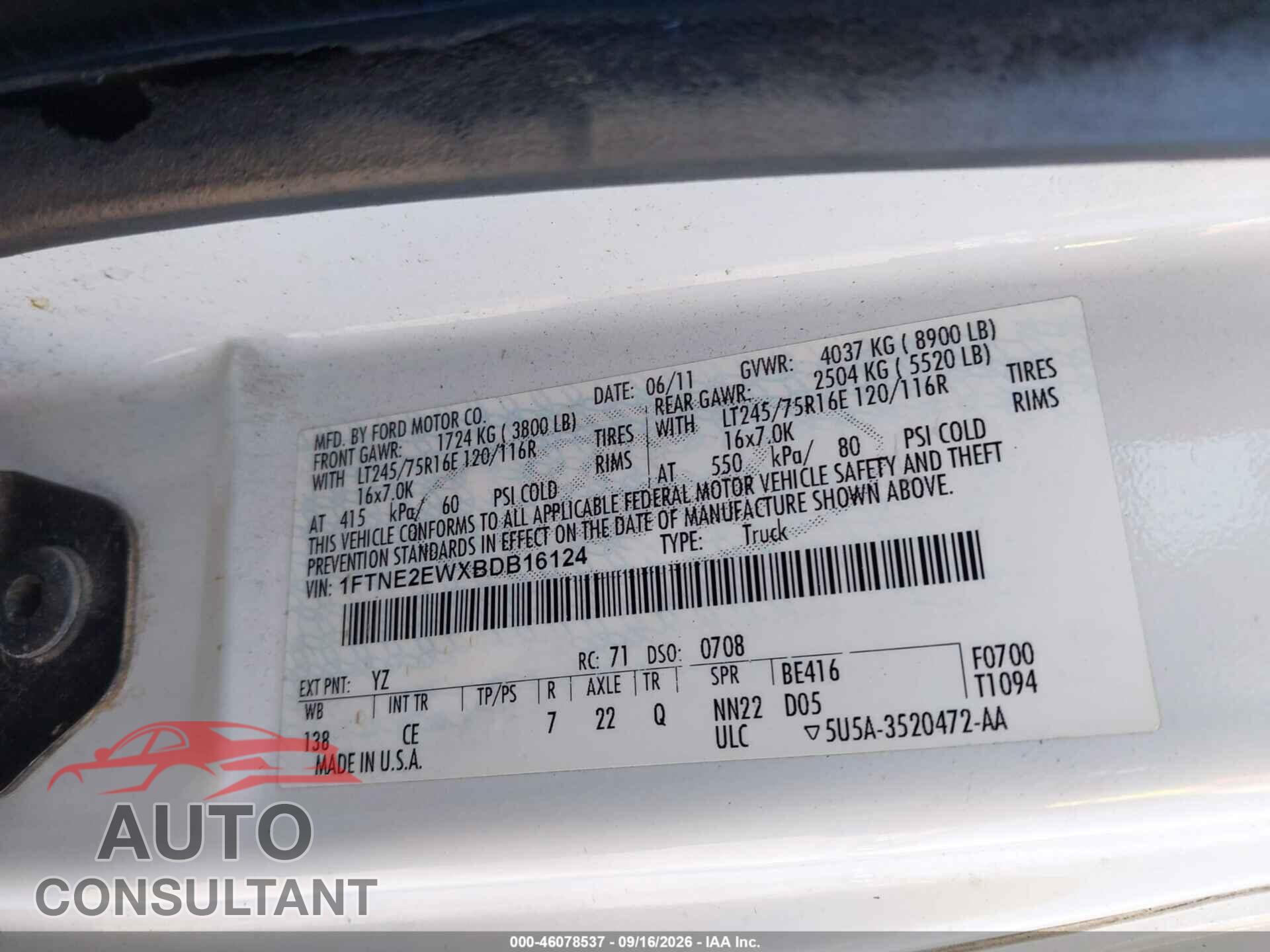FORD E-250 2011 - 1FTNE2EWXBDB16124